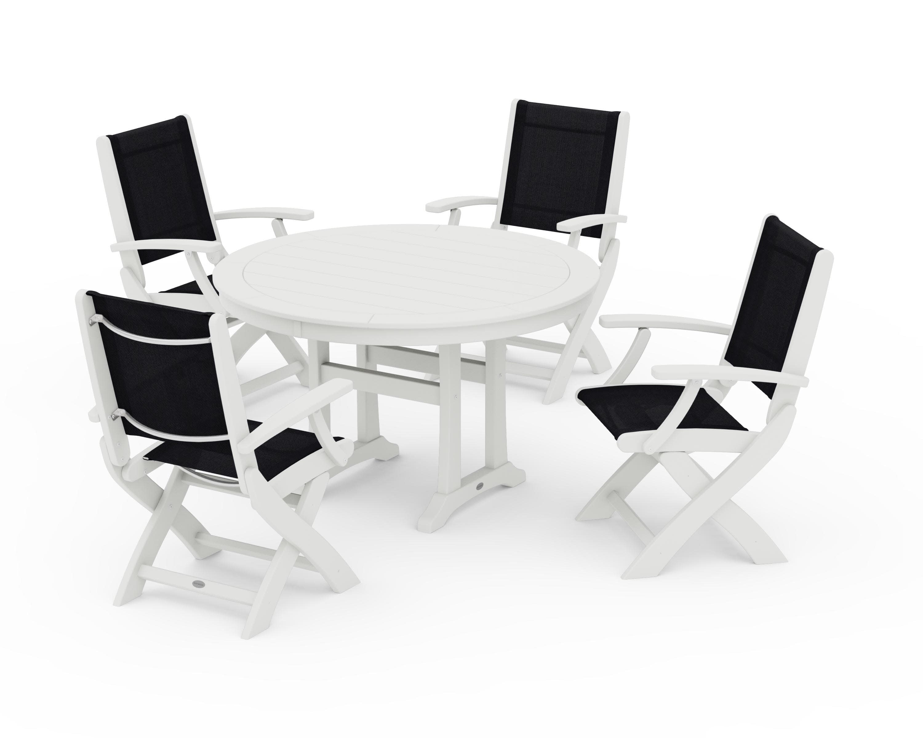 Coastal Folding Chair 5-Piece Round Dining Set with Trestle Legs in Vintage White / Black Sling