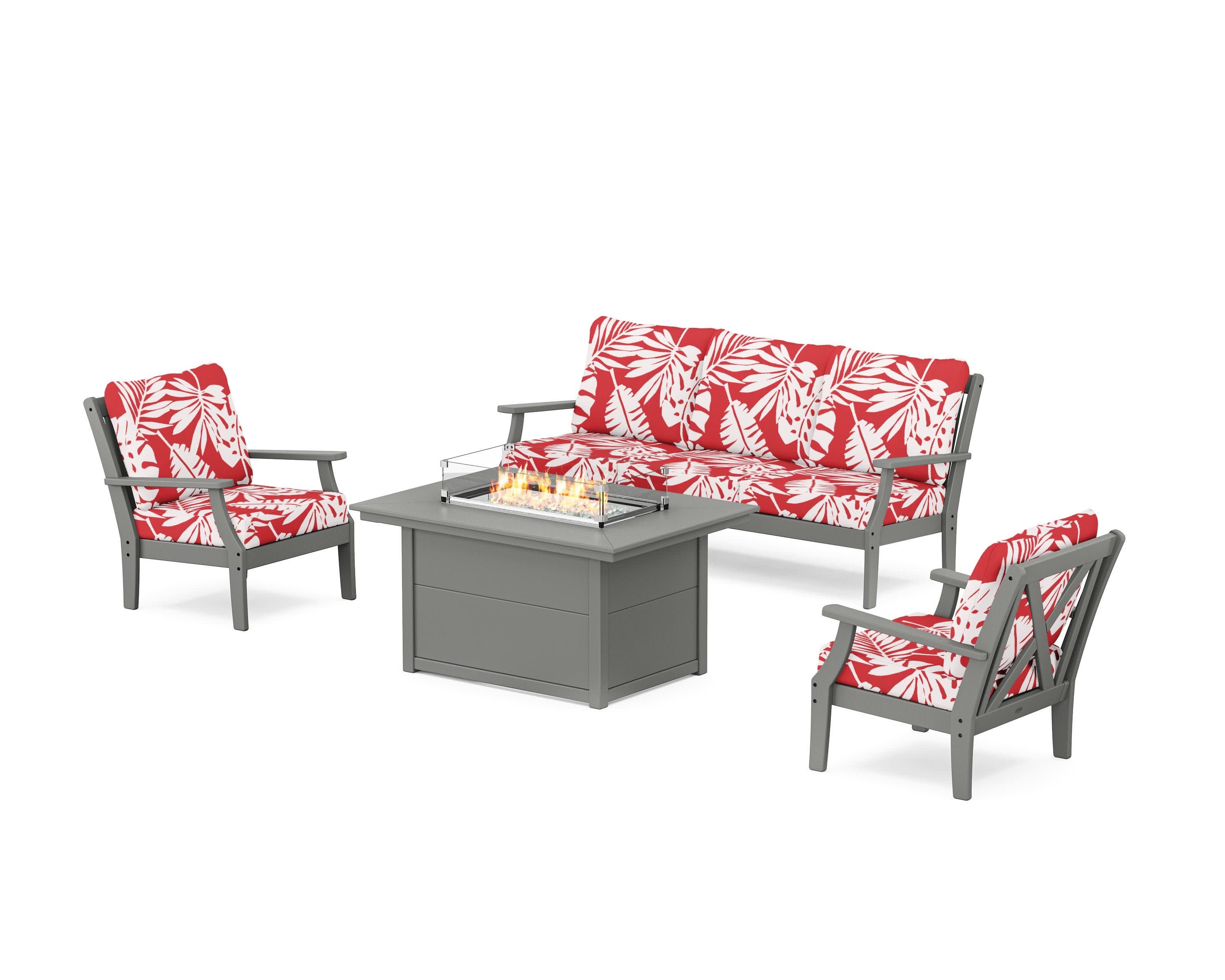 Braxton Deep Seating Fire Pit Table Set in Slate Grey / Leaf Crimson