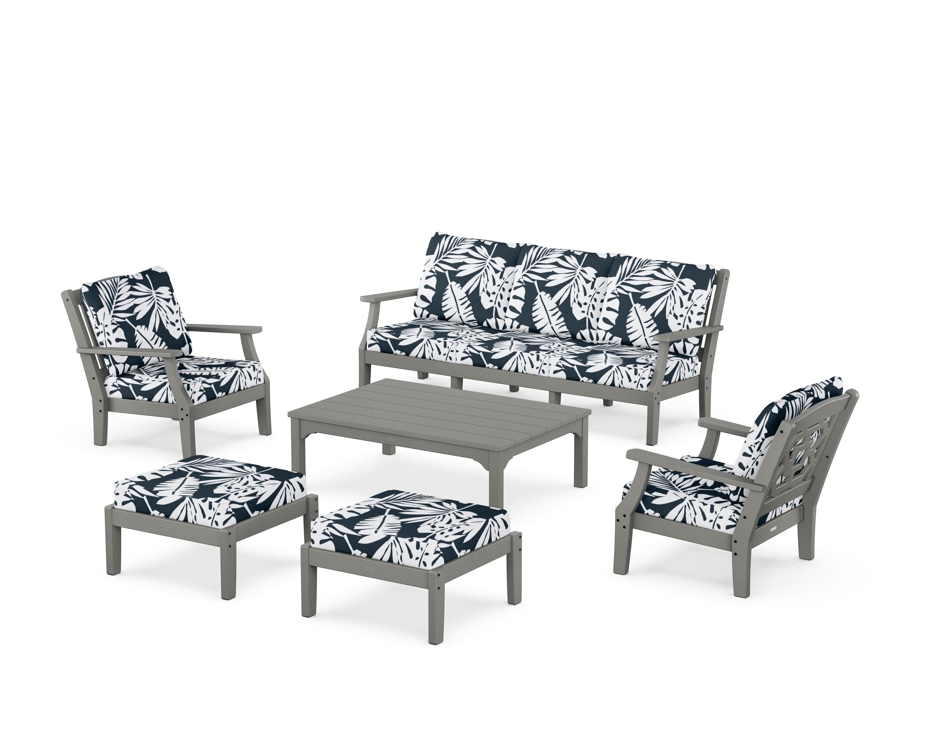 Chinoiserie 6-Piece Lounge Sofa Set in Slate Grey / Leaf Marine Indigo