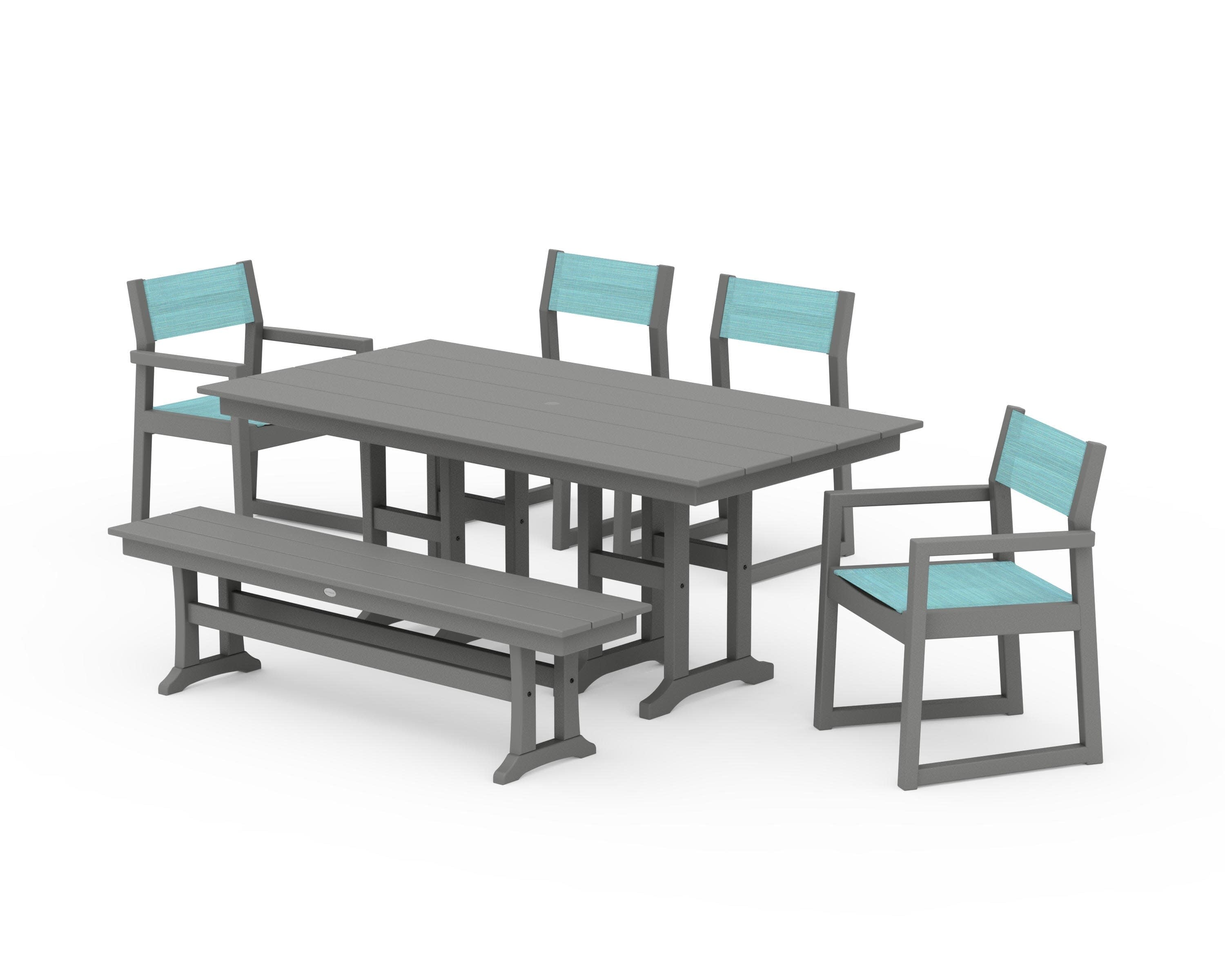 EDGE Sling 6-Piece Farmhouse Dining Set in Slate Grey / Dupioni Aquamarine Sling