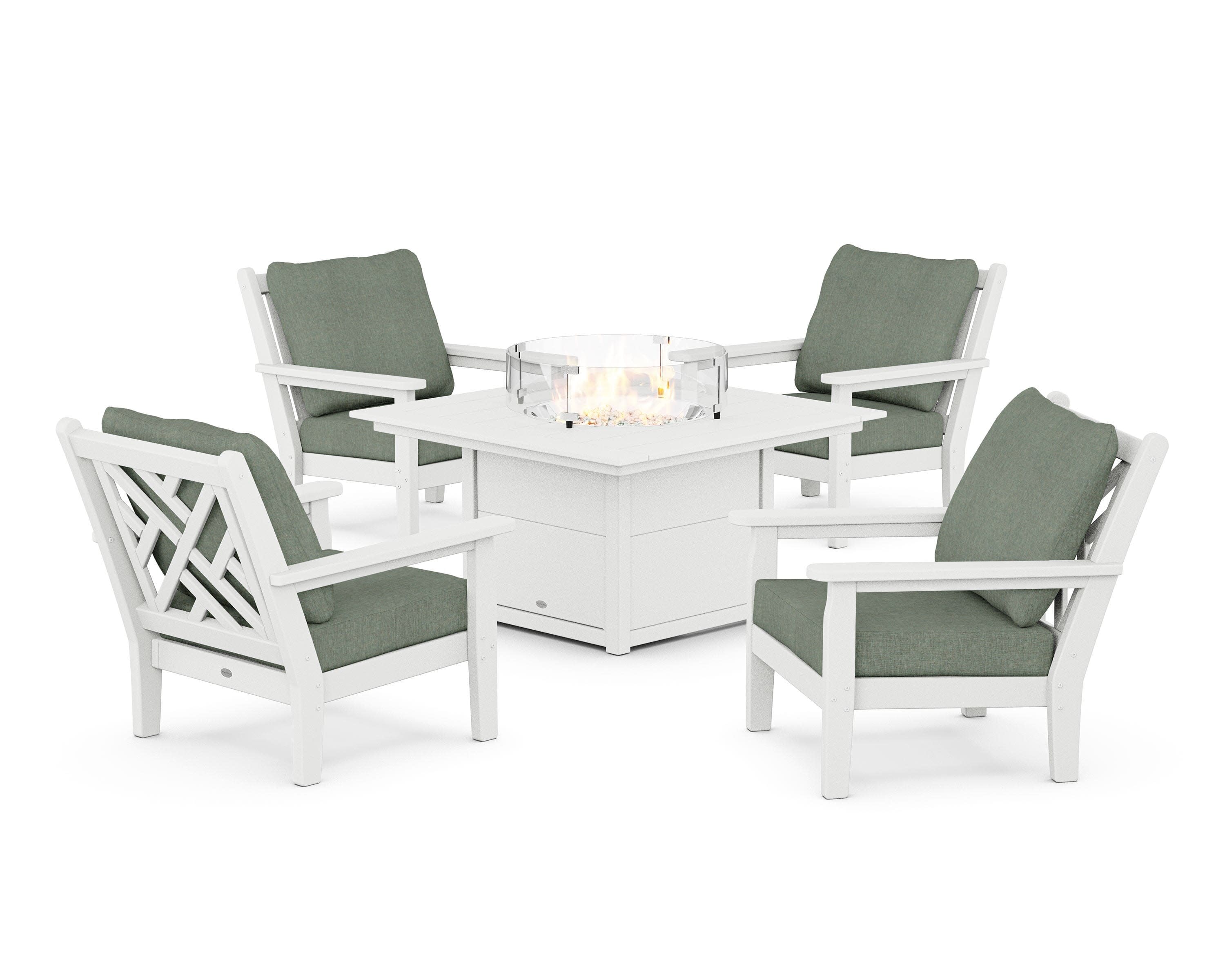 Chippendale 5-Piece Deep Seating Set with Fire Pit Table in White / Cast Sage
