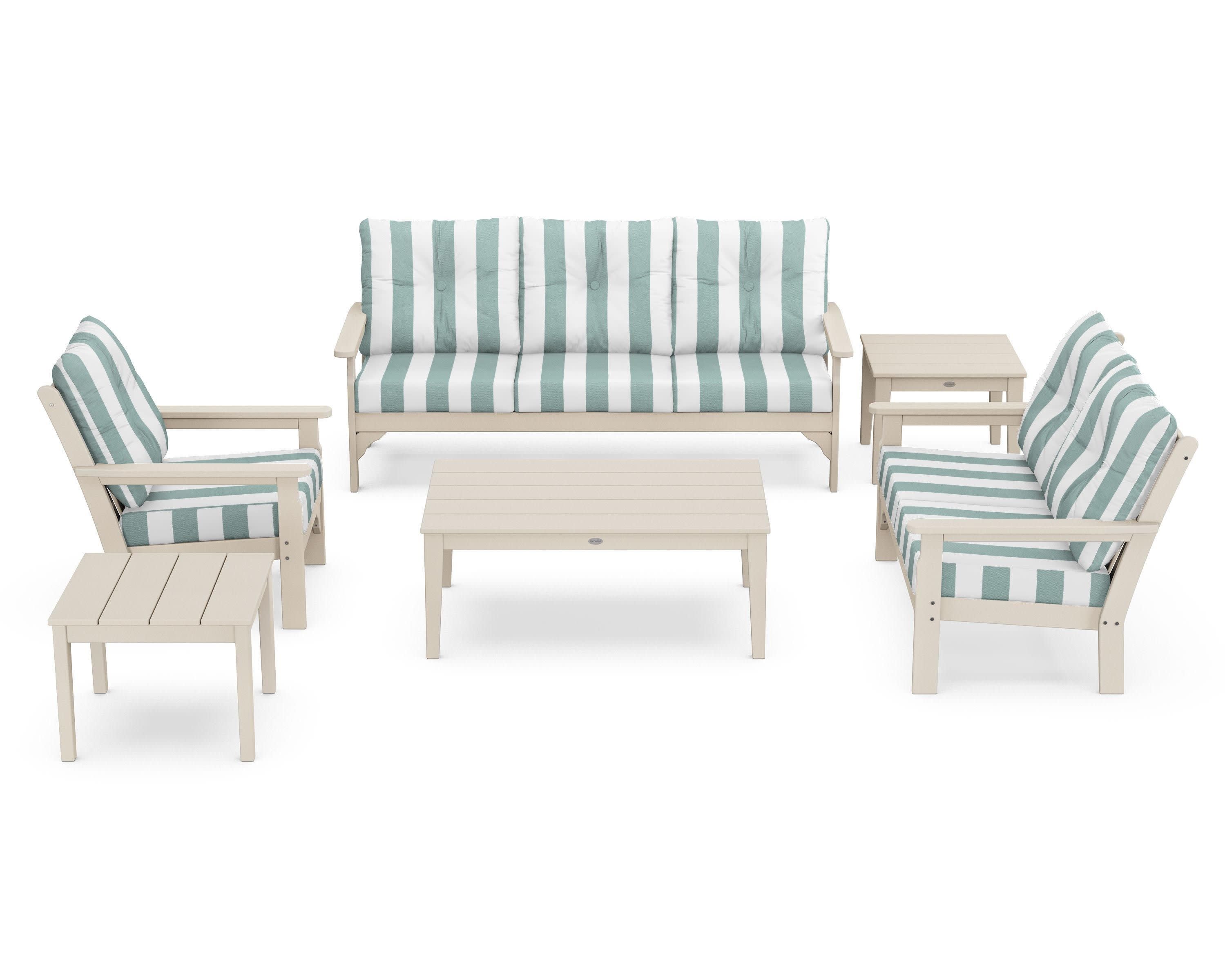 Vineyard 6-Piece Deep Seating Set in Sand / Cabana Stripe Glacier Spa