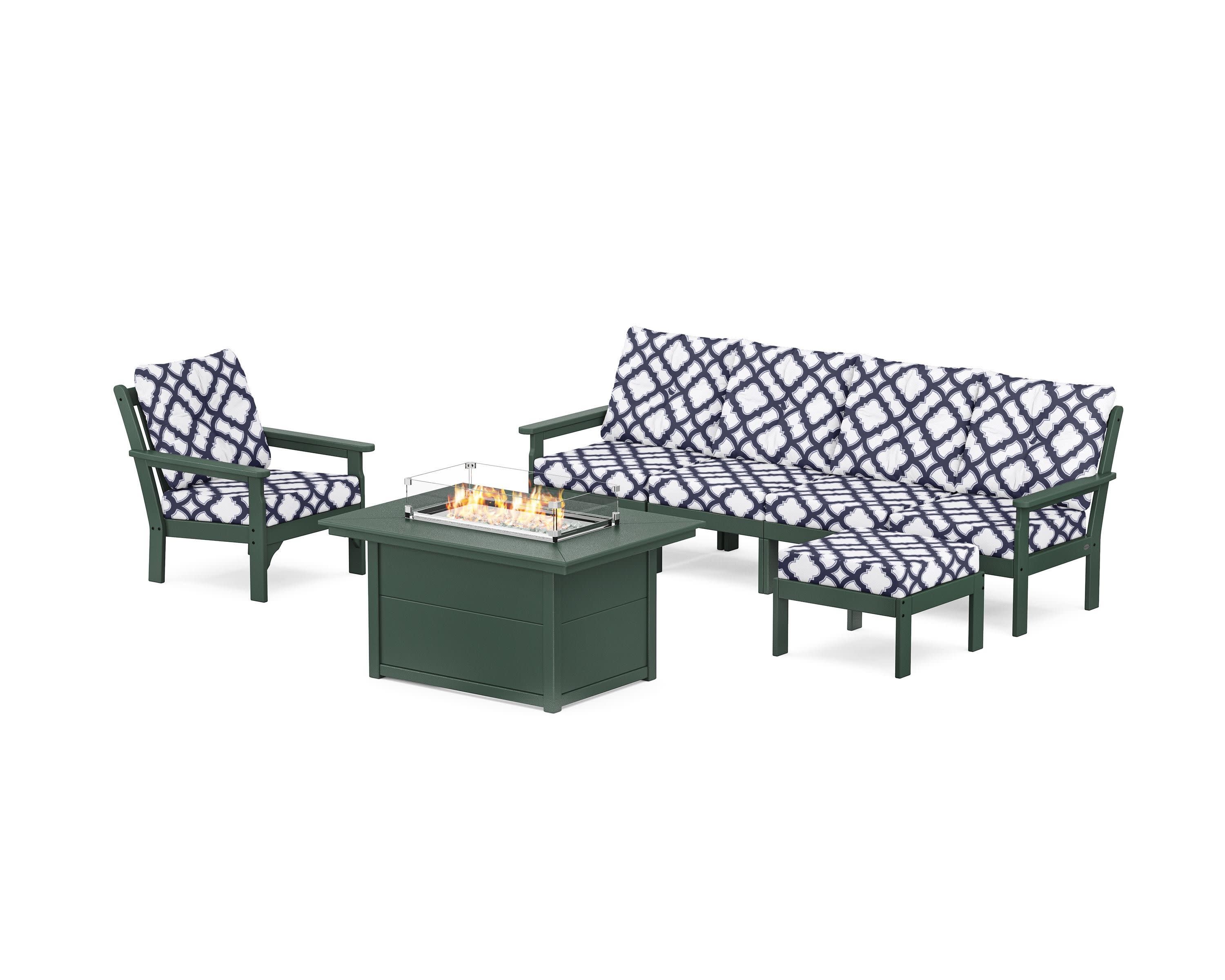 Vineyard Sectional Lounge and Fire Pit Set in Green / Trellis Navy