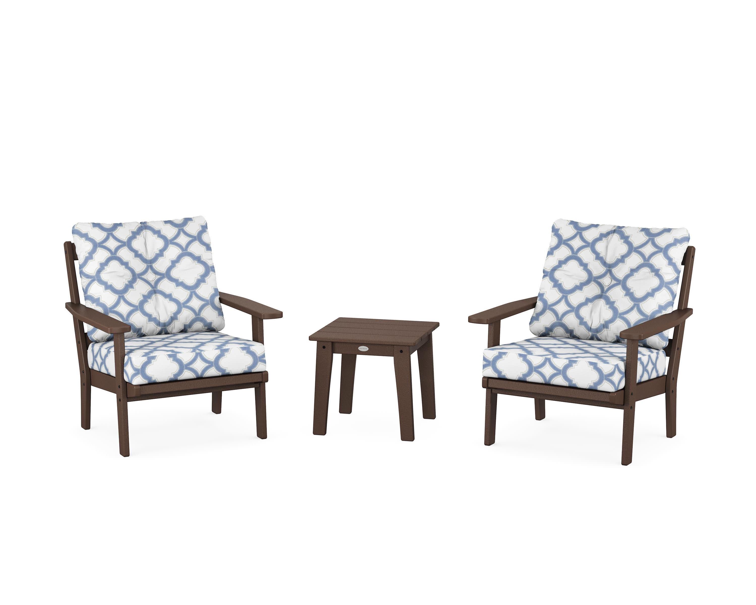 Oxford 3-Piece Deep Seating Set in Mahogany / Trellis Sky Blue