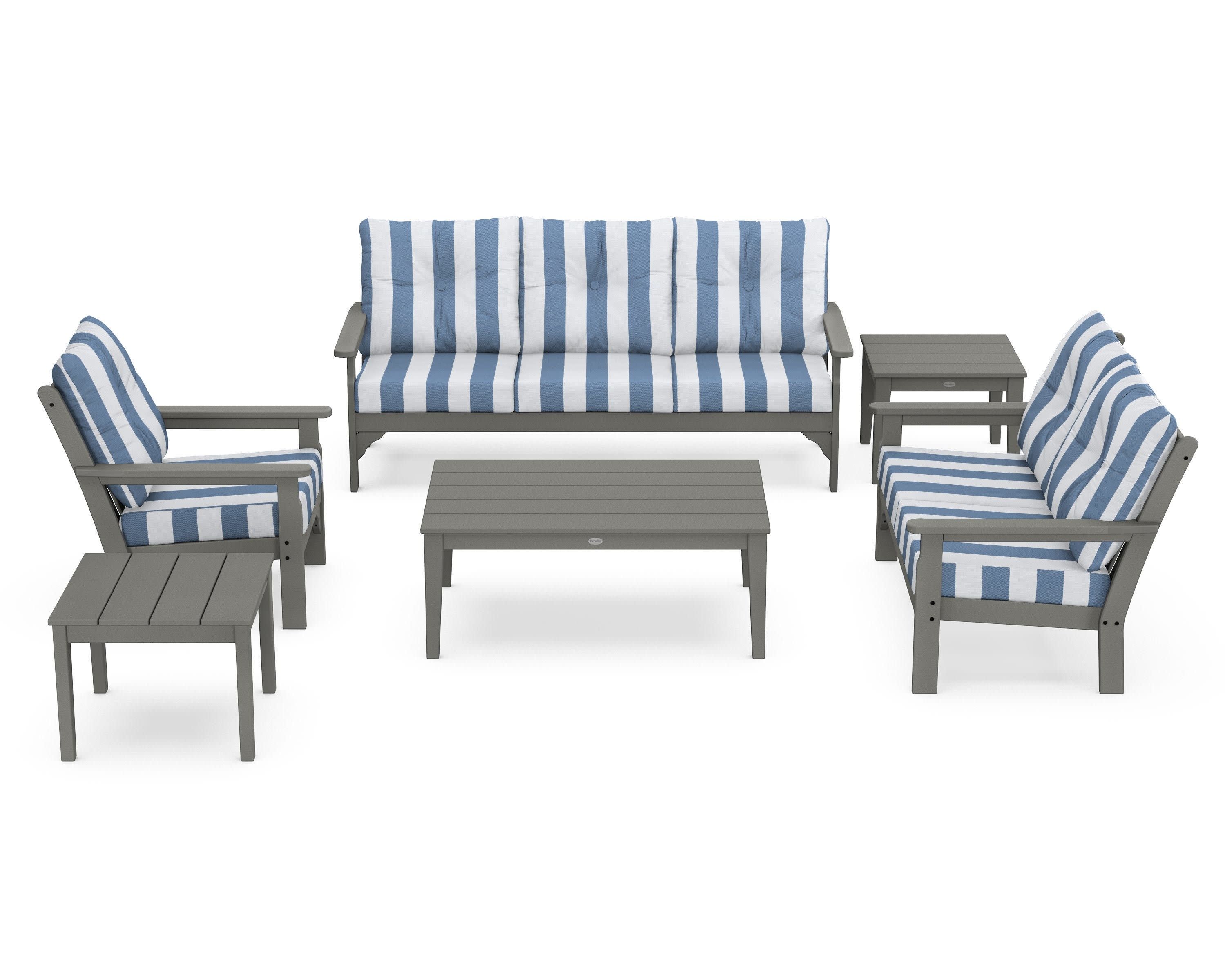 Vineyard 6-Piece Deep Seating Set in Slate Grey / Cabana Stripe Sky Blue