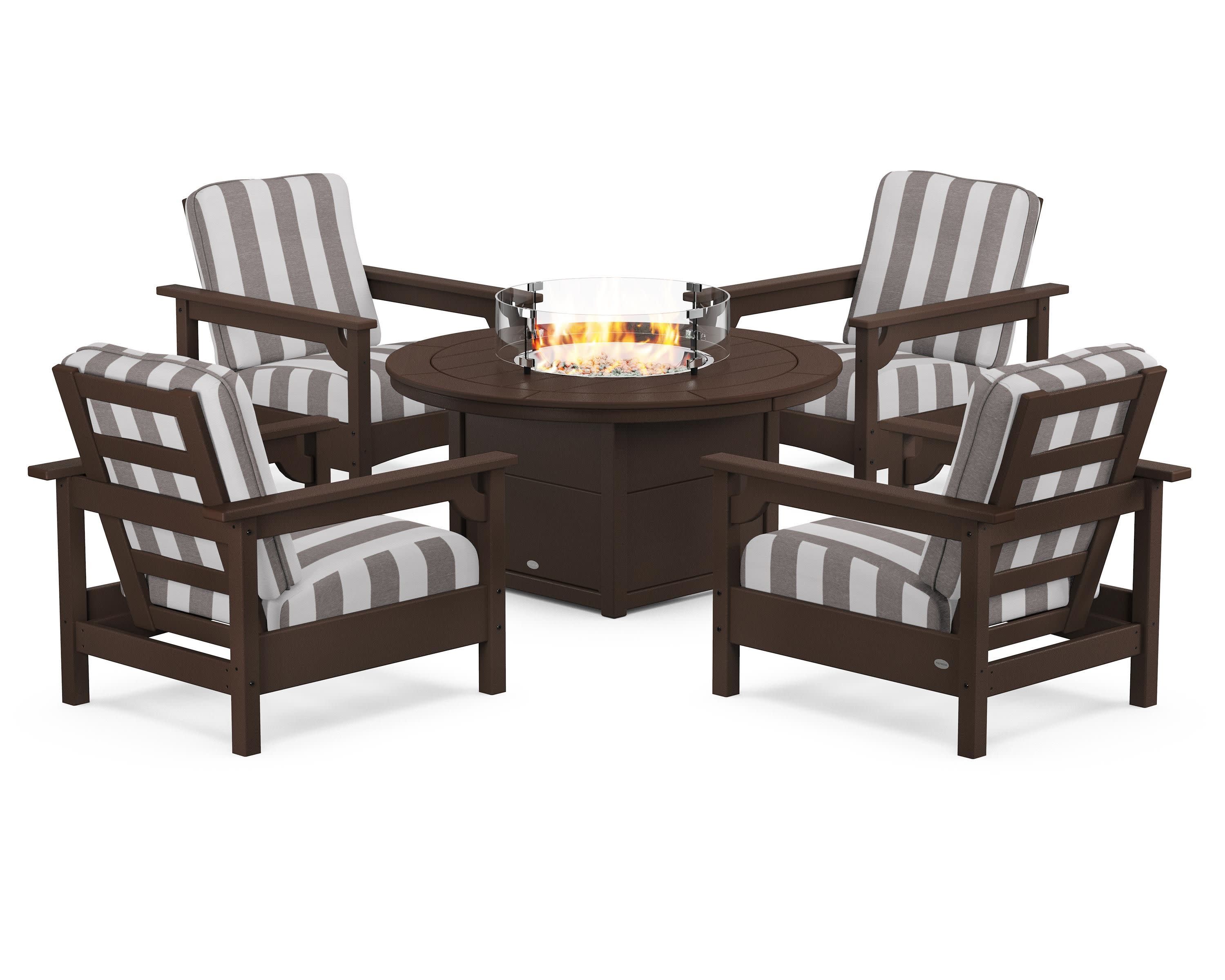 Club 5-Piece Conversation Set with Fire Pit Table in Mahogany / Cabana Stripe Grey Mist