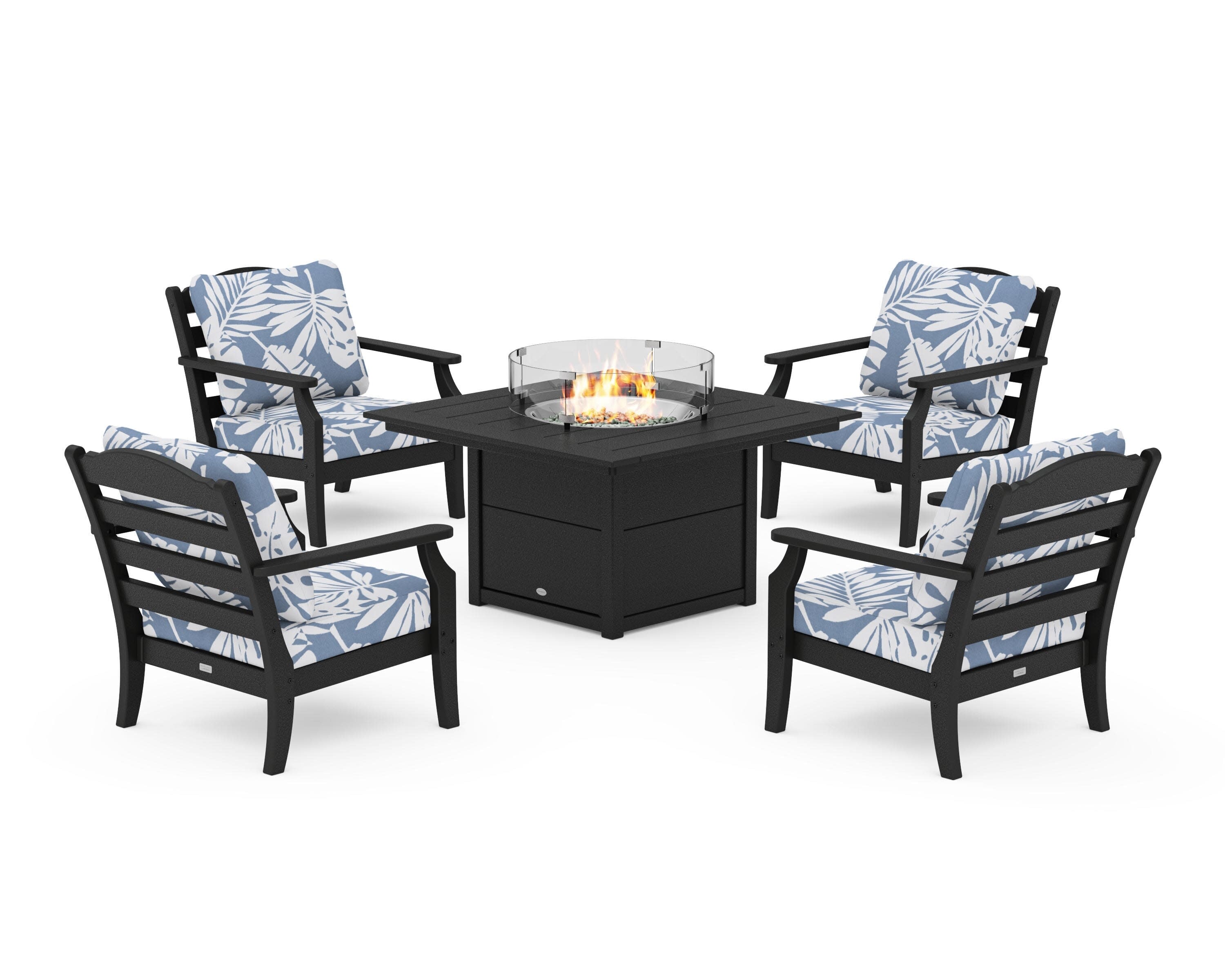 Savannah 5-Piece Deep Seating Set with Fire Pit Table in Black / Leaf Sky Blue