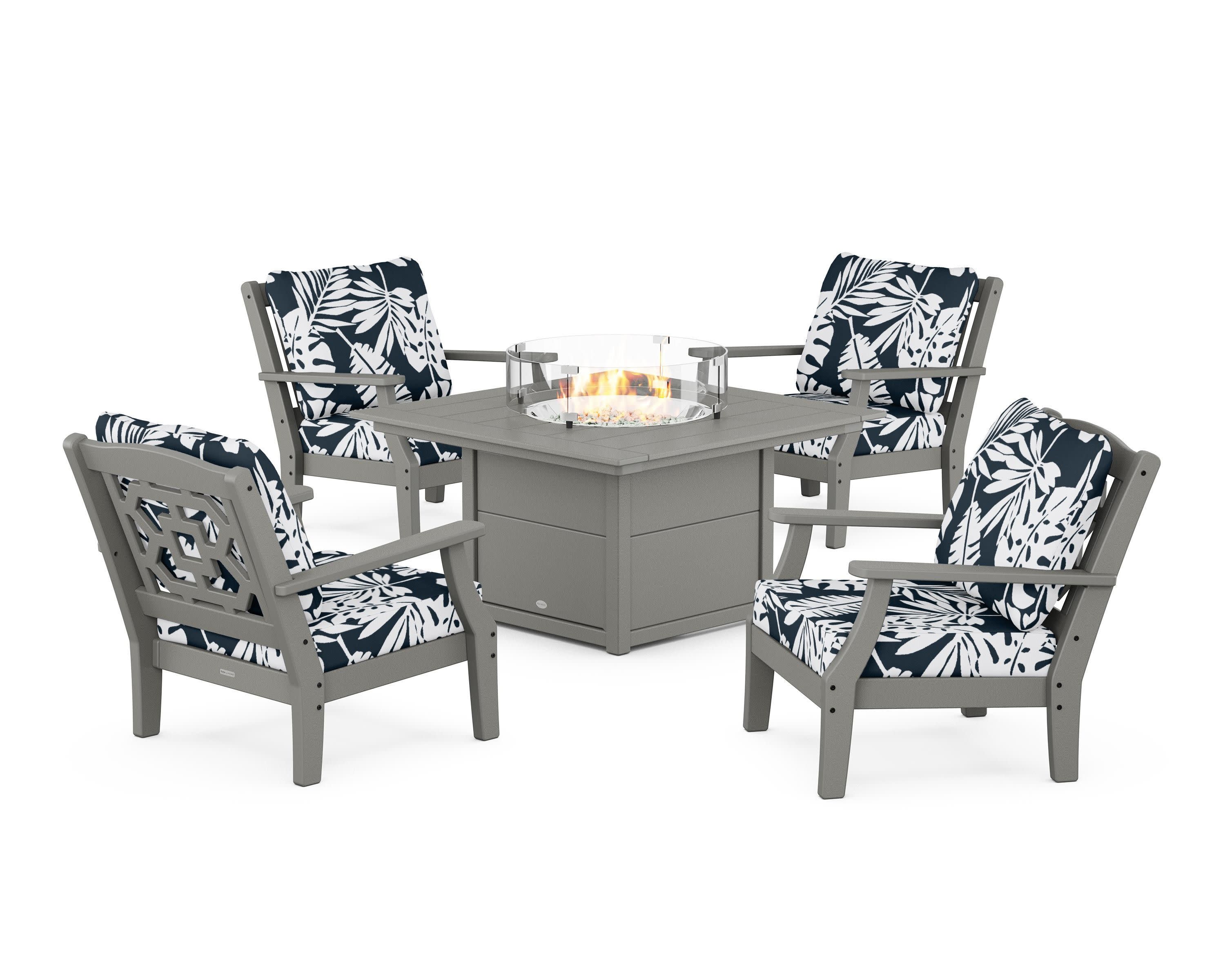 Chinoiserie 5-Piece Deep Seating Set with Fire Pit Table in Slate Grey / Leaf Marine Indigo