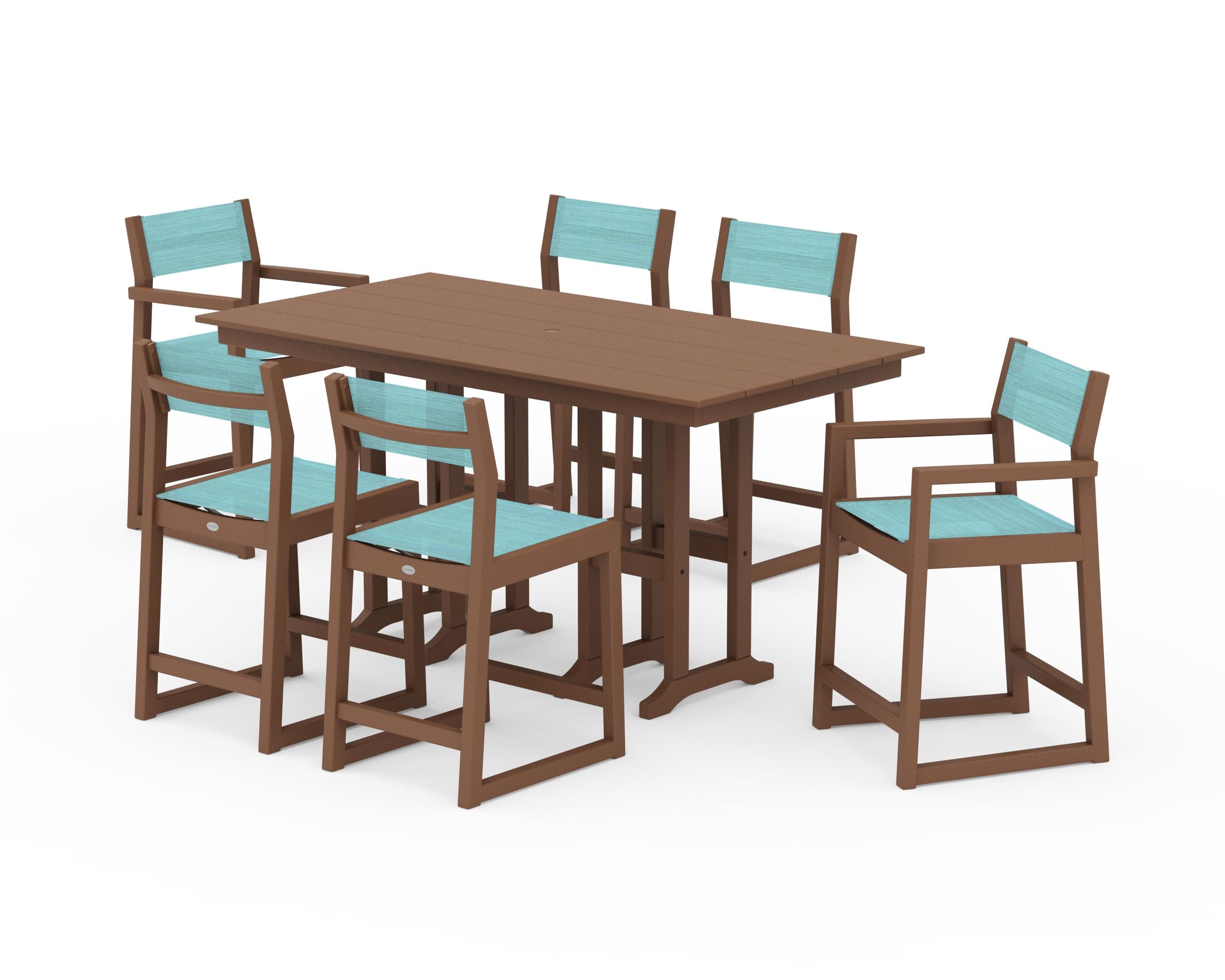 EDGE Sling 7-Piece Farmhouse Counter Set in Teak / Dupioni Aquamarine Sling