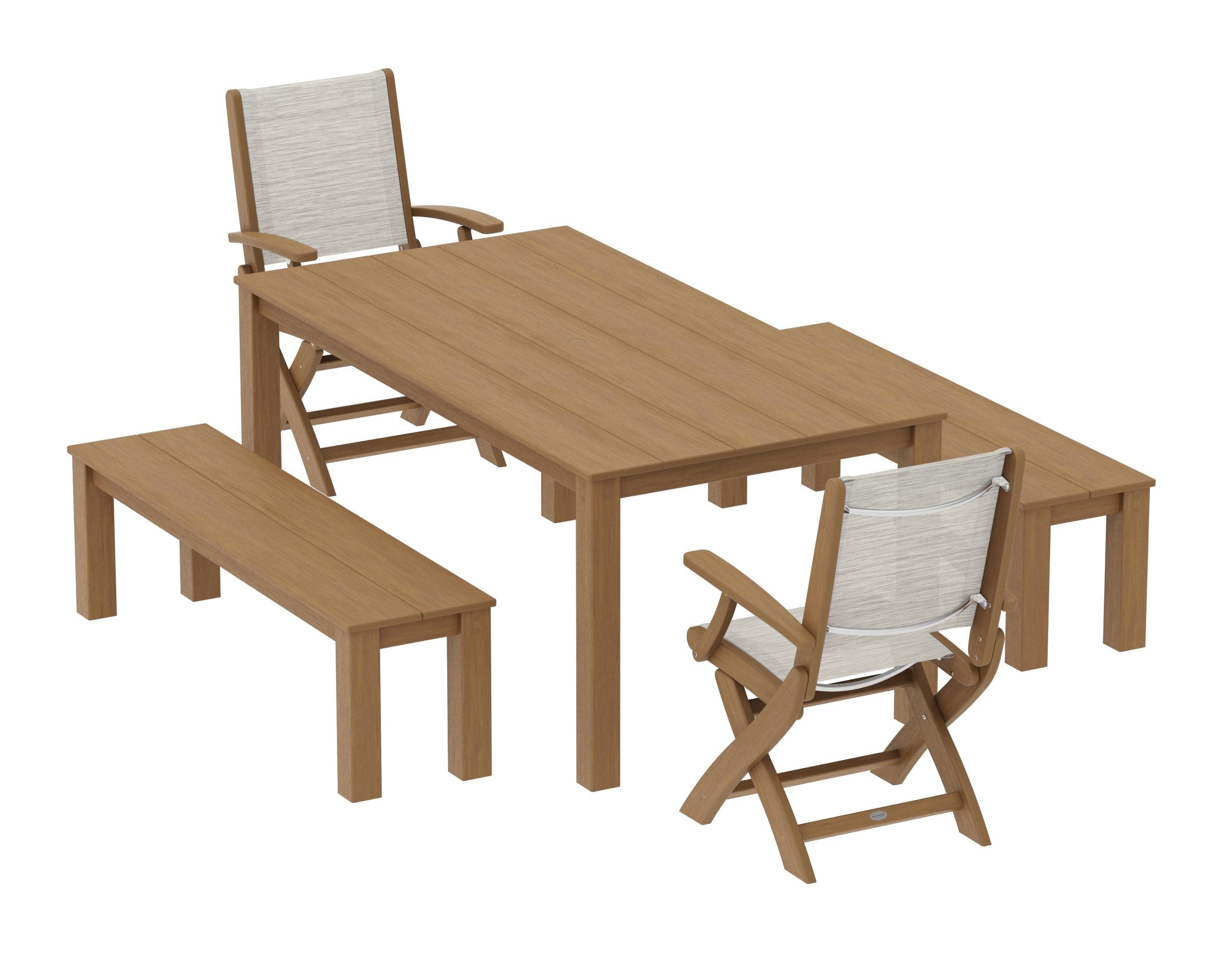 Coastal Folding Chair 5-Piece Parsons Dining Set with Benches in Natural / Birch Sling