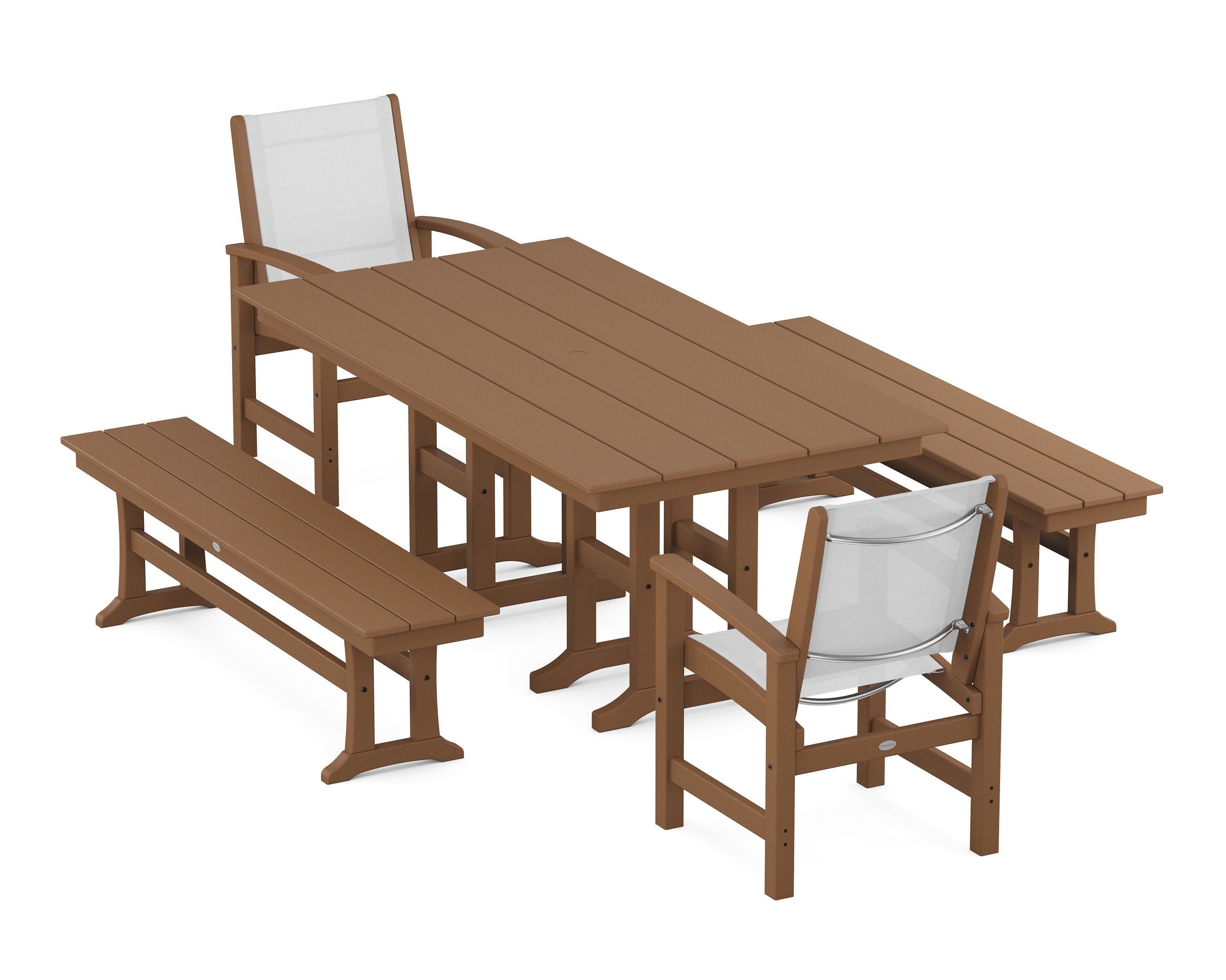 Coastal 5-Piece Farmhouse Dining Set in Teak / White Sling