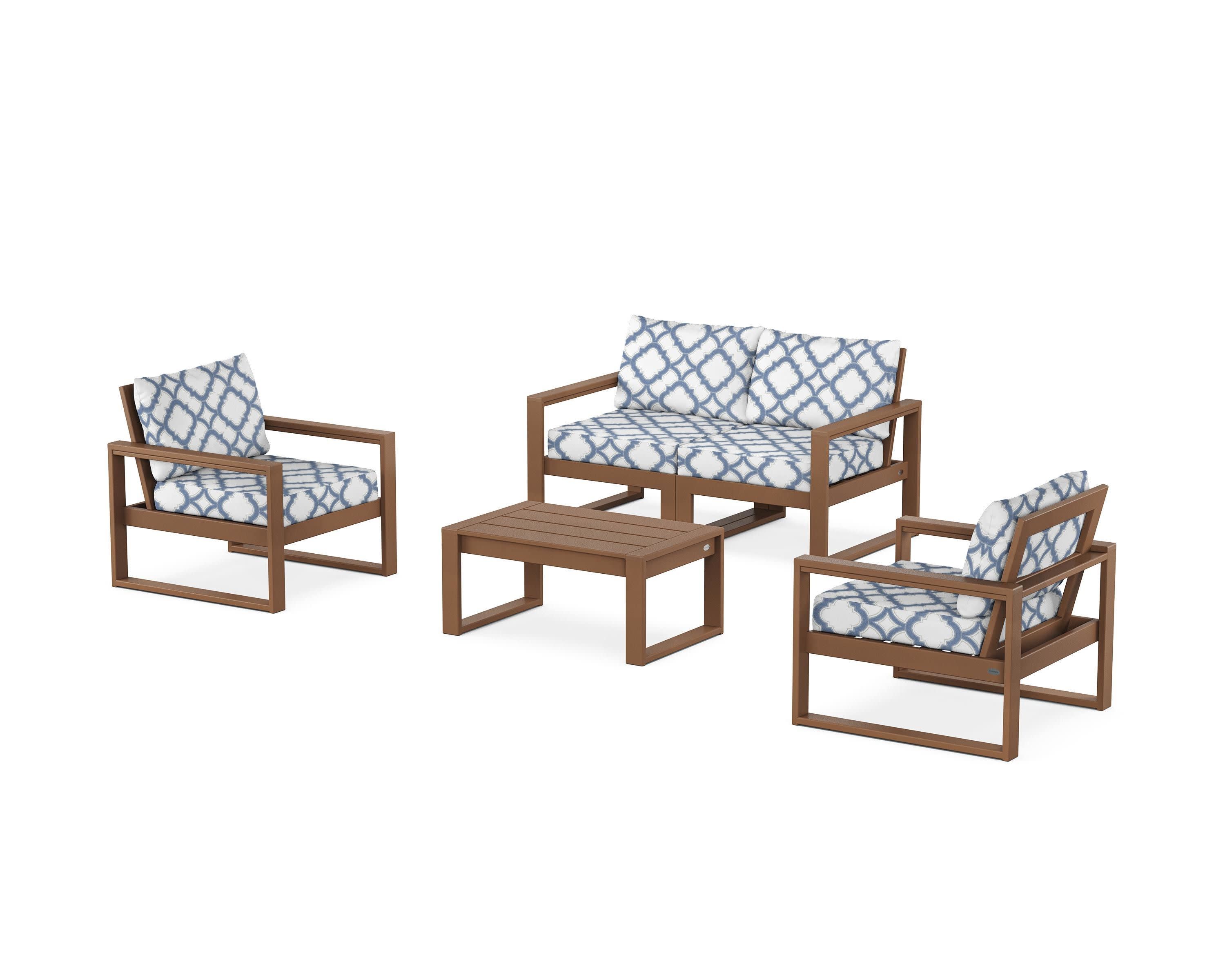 EDGE Sectional 4-Piece Deep Seating Set with Loveseat in Teak / Trellis Sky Blue