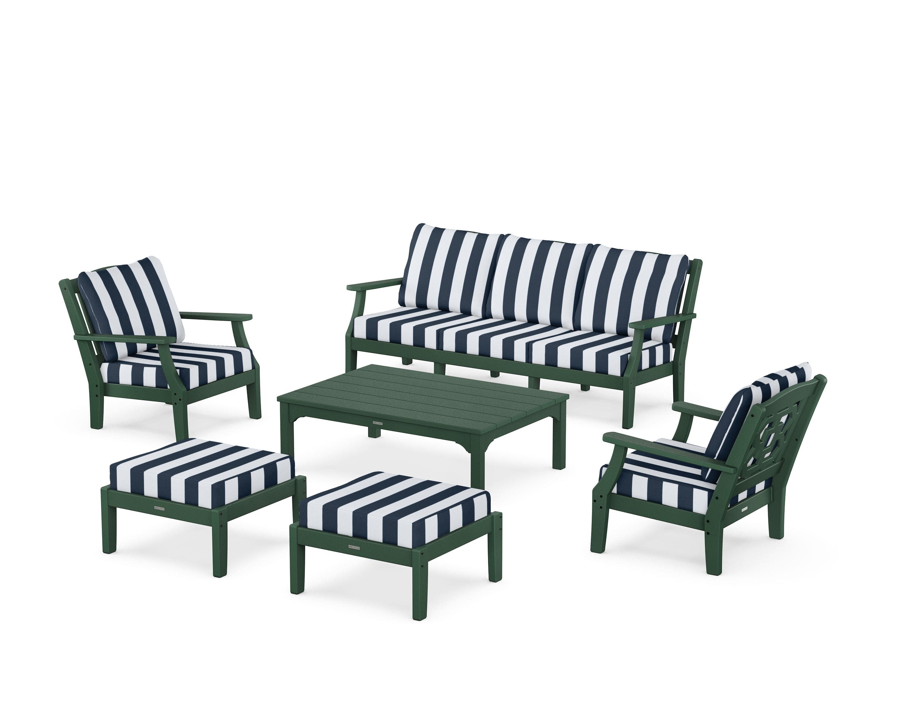 Chinoiserie 6-Piece Lounge Sofa Set in Green / Cabana Stripe Marine Indigo