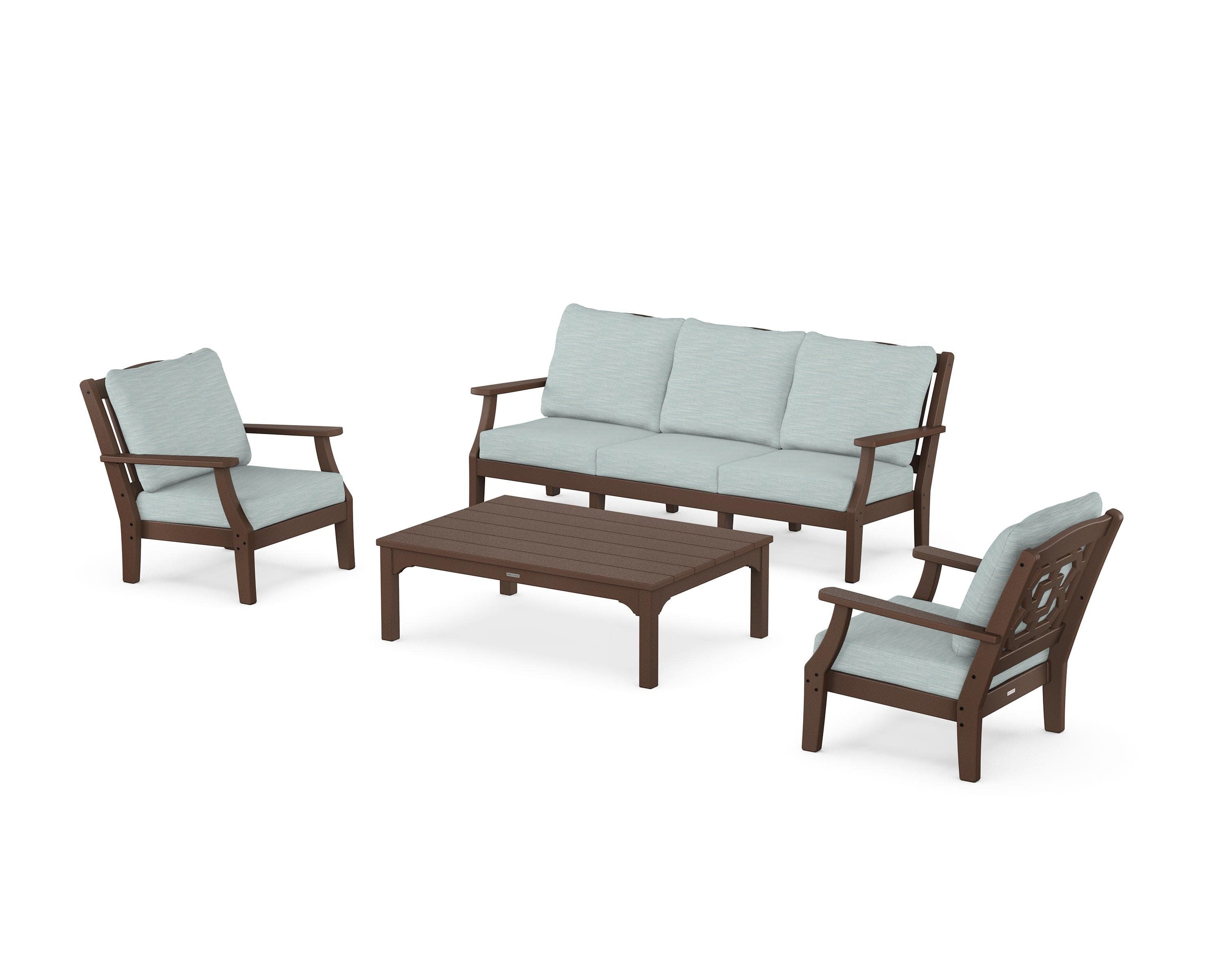 Chinoiserie 4-Piece Deep Seating Set with Sofa in Mahogany / Soothe Mist