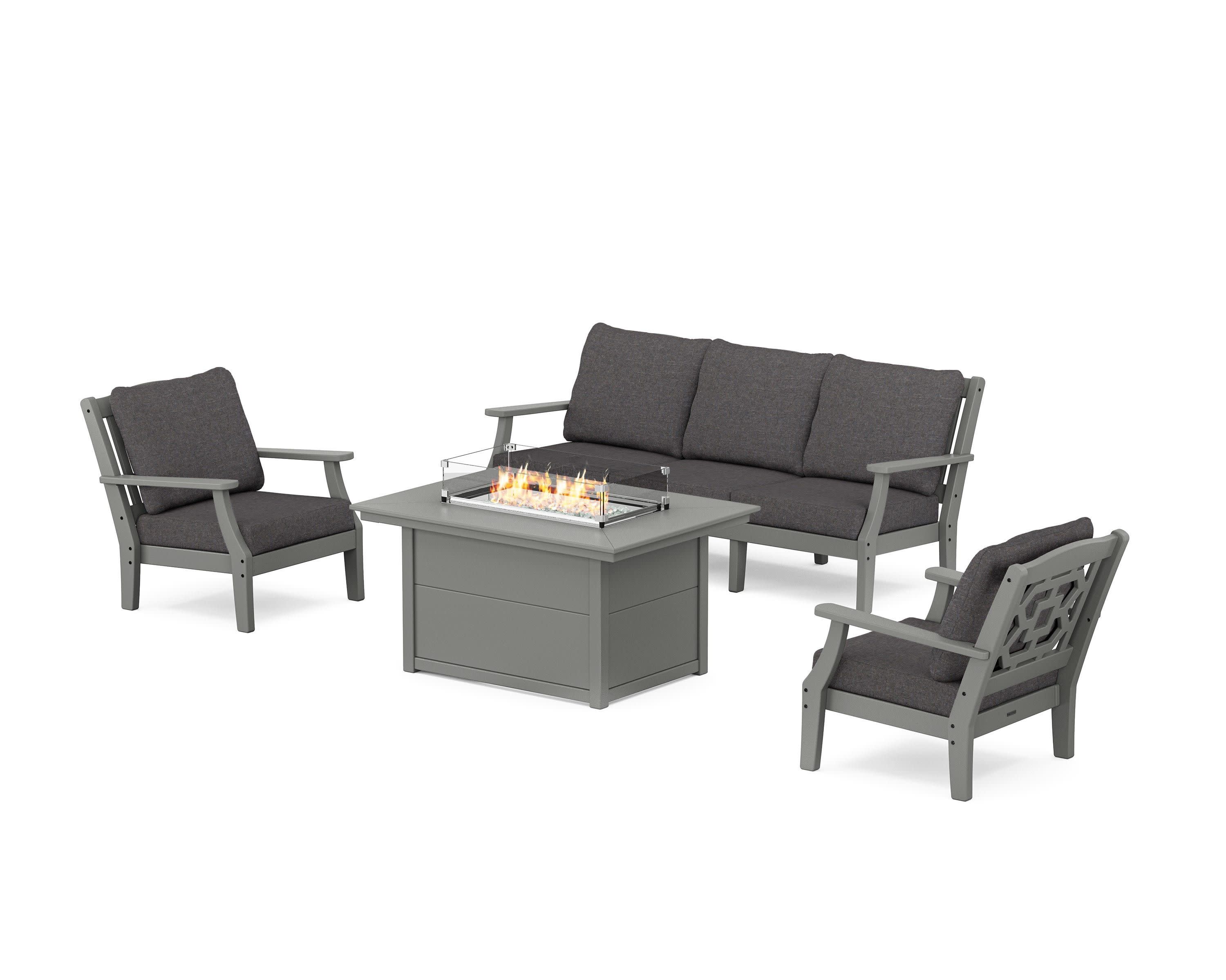 Chinoiserie Deep Seating Fire Pit Table Set in Slate Grey / Ash Charcoal