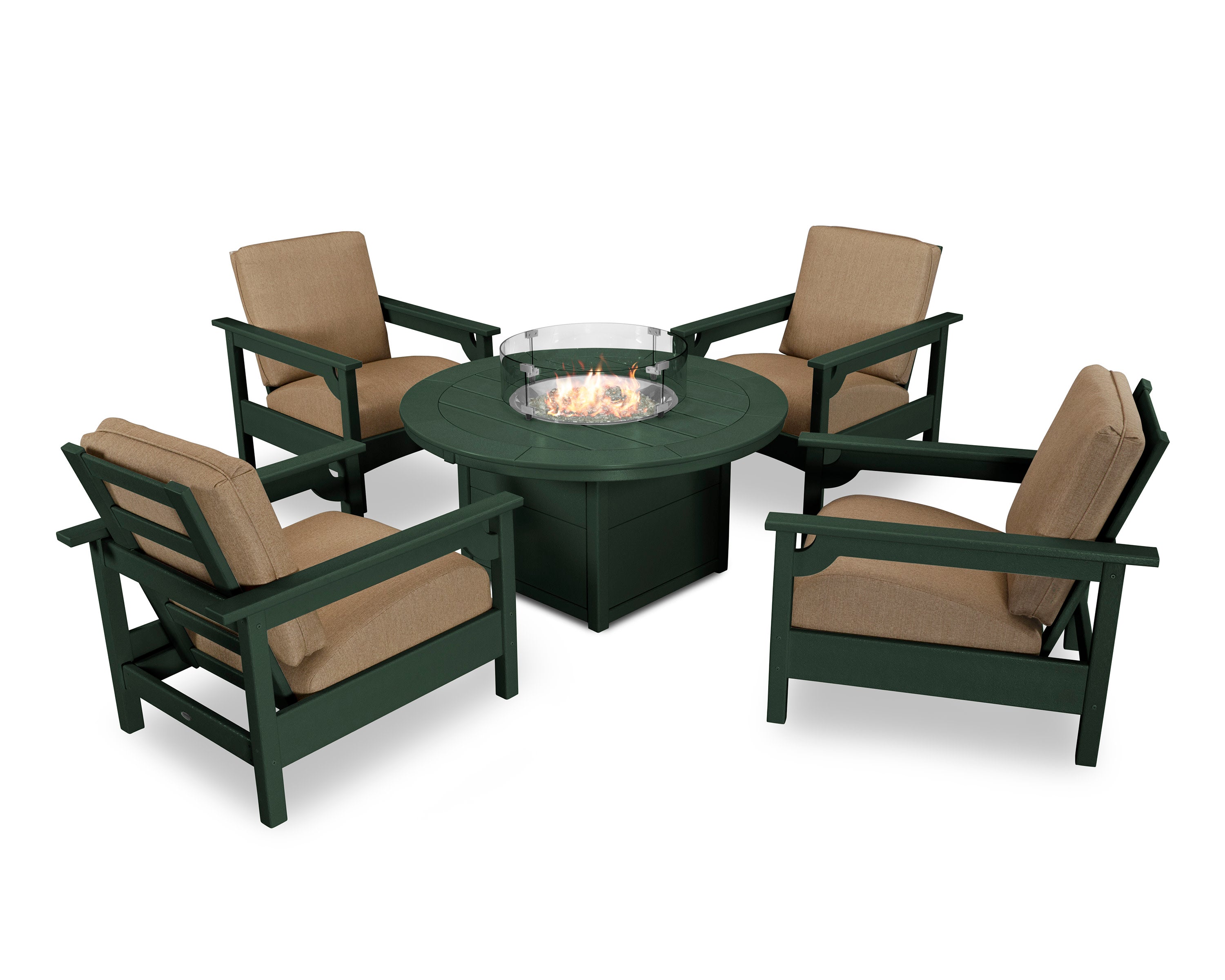 Club 5-Piece Conversation Set with Fire Pit Table in Green / Sesame