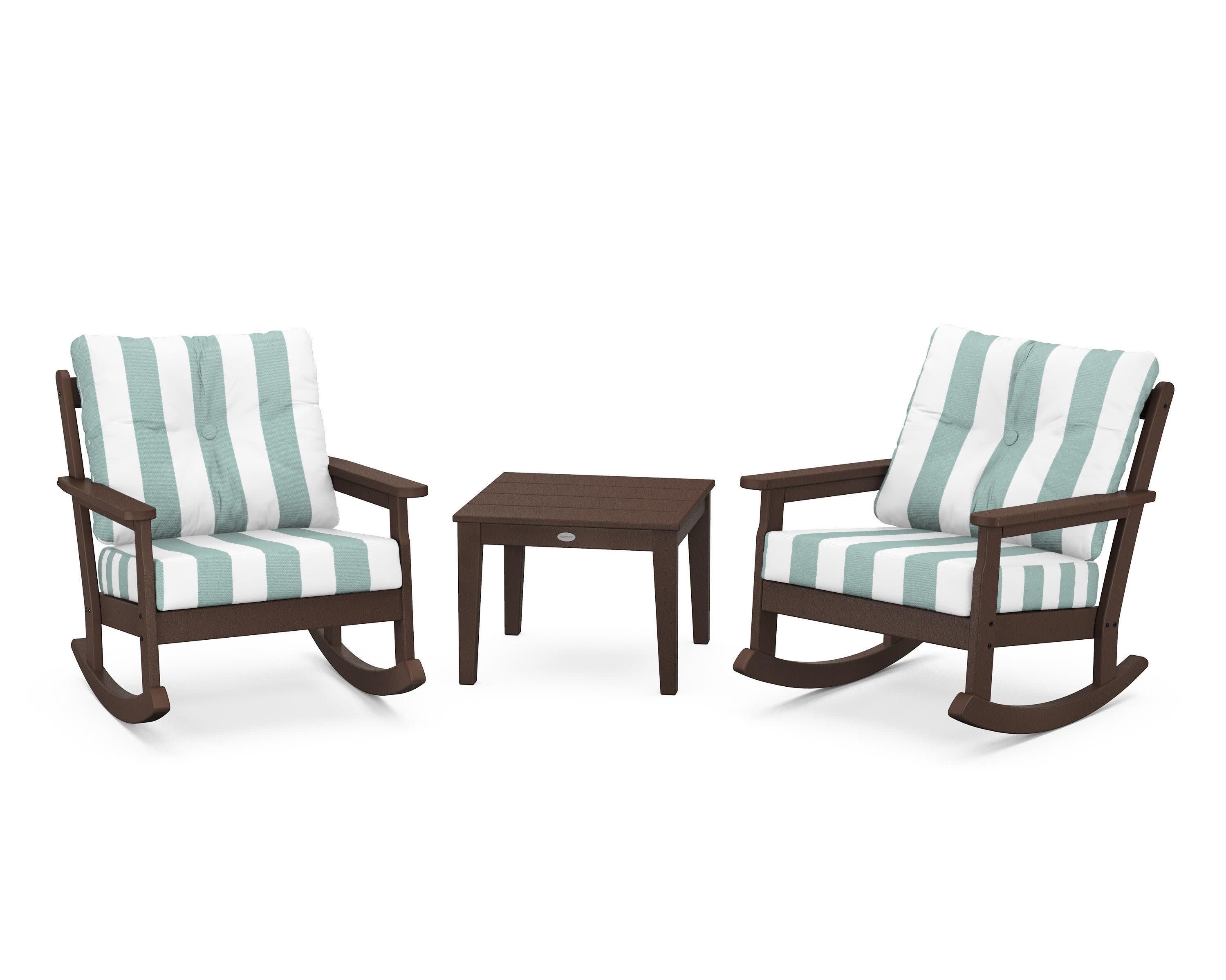 Vineyard 3-Piece Deep Seating Rocker Set in Mahogany / Cabana Stripe Glacier Spa