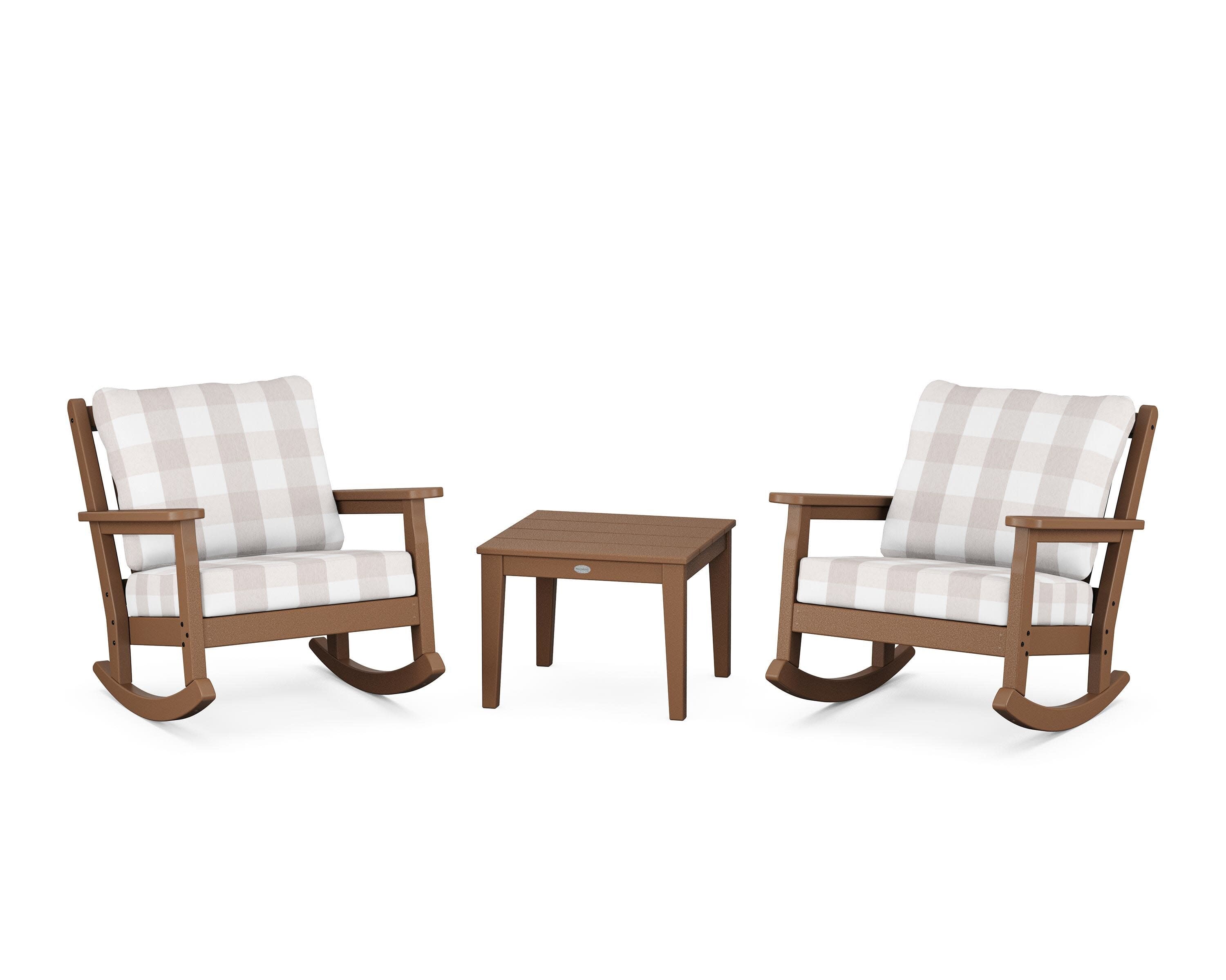 Chippendale 3-Piece Deep Seating Rocker Set in Teak / Buffalo Plaid Dune Burlap