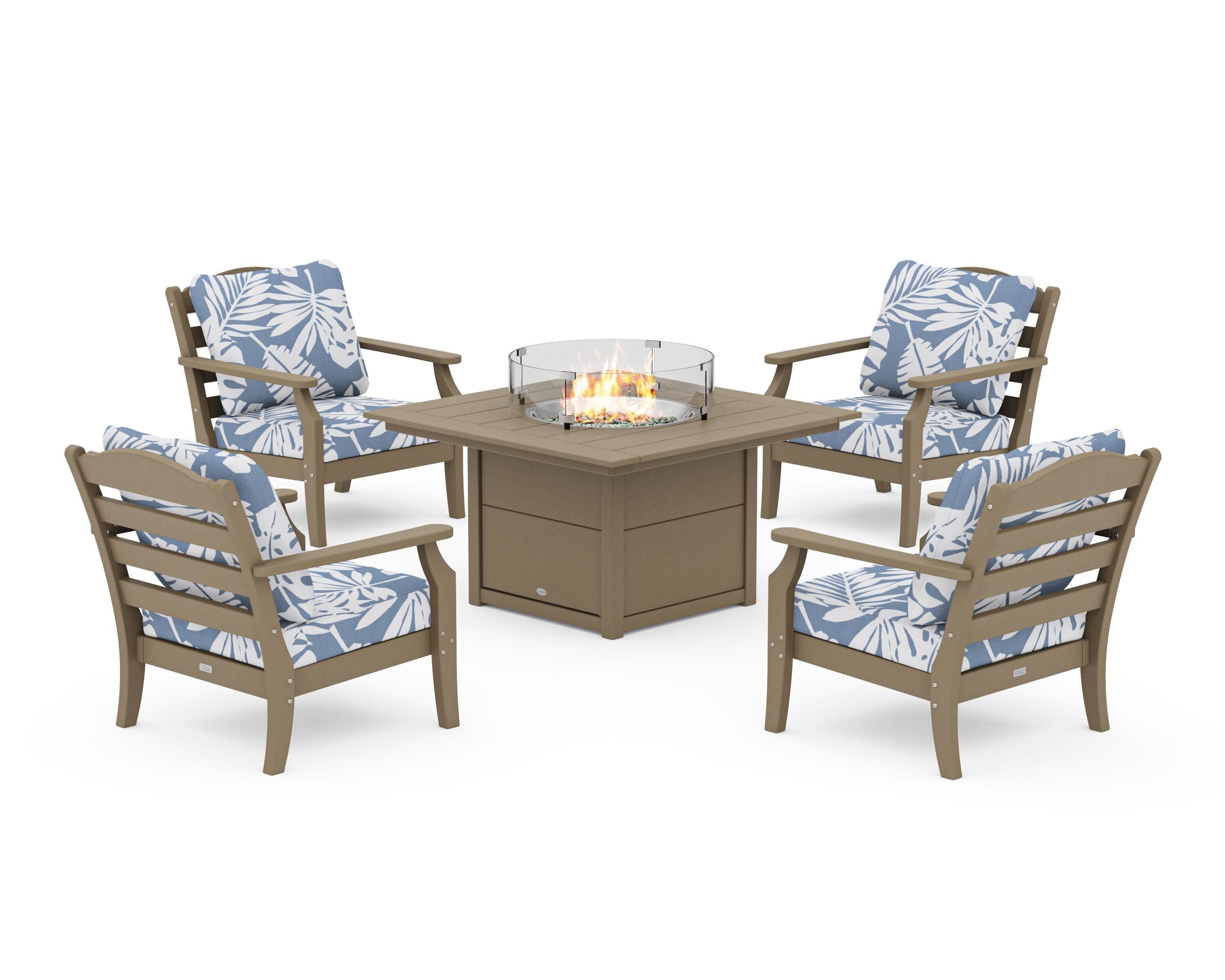 Savannah 5-Piece Deep Seating Set with Fire Pit Table in Vintage Sahara / Leaf Sky Blue