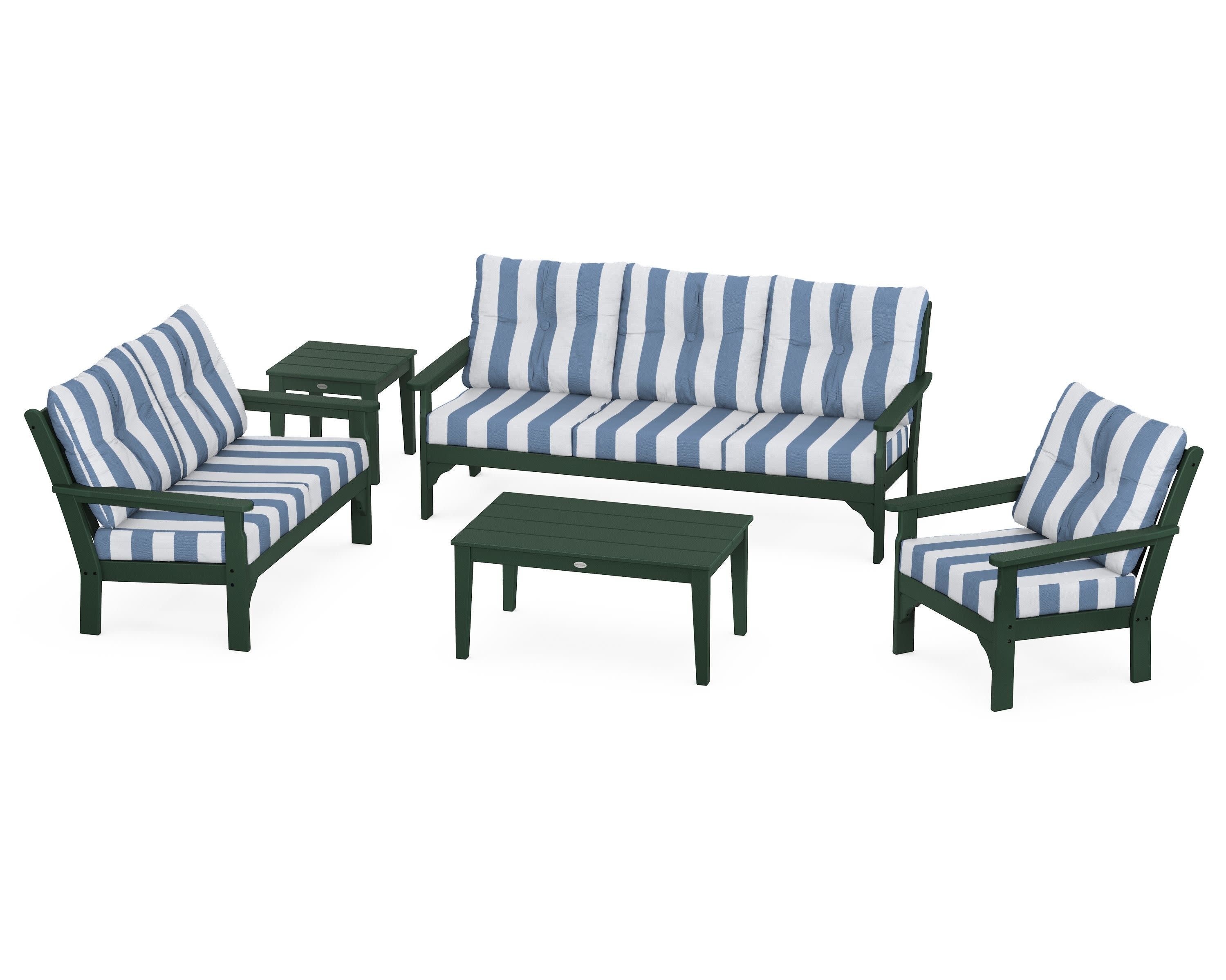 Vineyard 5 Piece Deep Seating Set in Green / Cabana Stripe Sky Blue