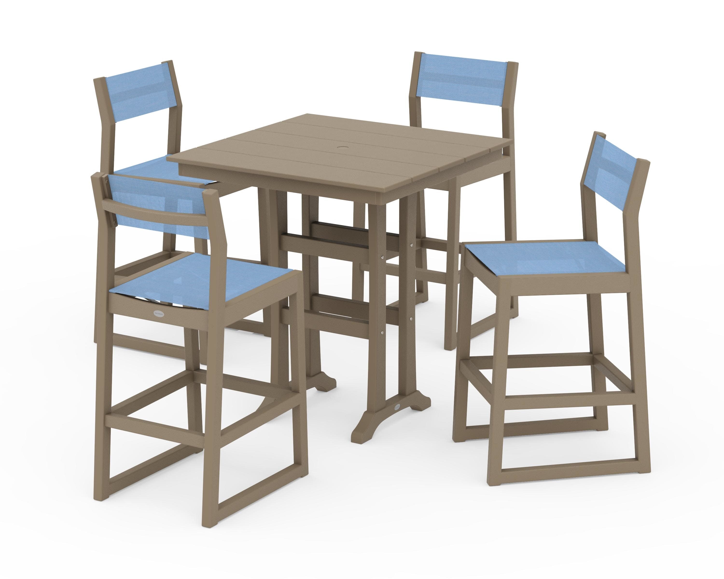 EDGE Sling Arm Chair 5-Piece Farmhouse Bar Set with Trestle Legs in Vintage Sahara / Poolside Sling