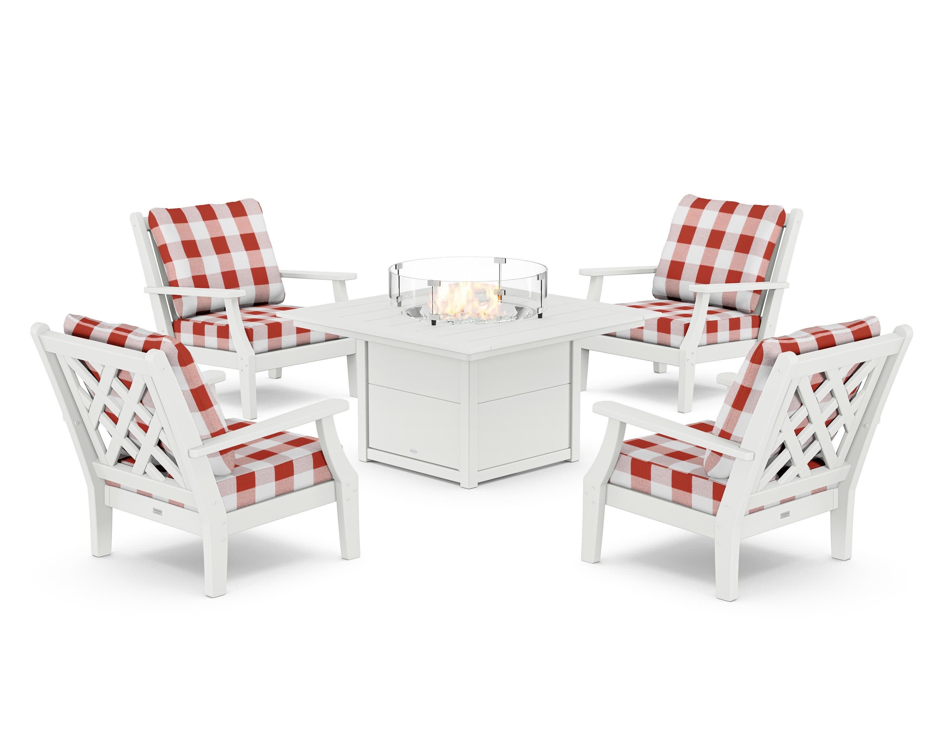 Wovendale 5-Piece Deep Seating Set with Fire Pit Table in White / Buffalo Plaid Crimson