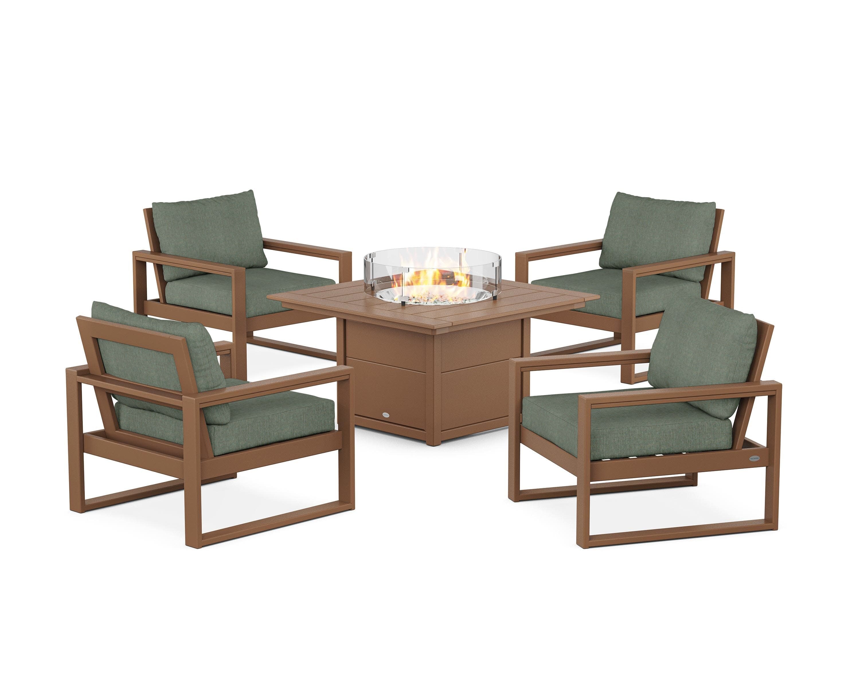 EDGE Sectional 5-Piece Deep Seating Set with Fire Pit Table in Teak / Cast Sage