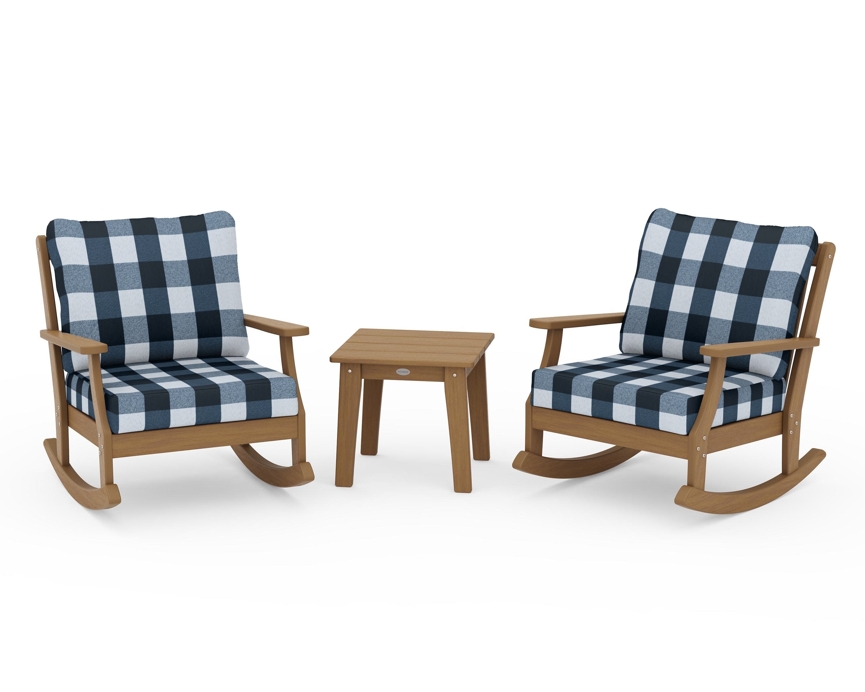 Braxton 3-Piece Deep Seating Rocker Set in Natural / Buffalo Plaid Marine Indigo
