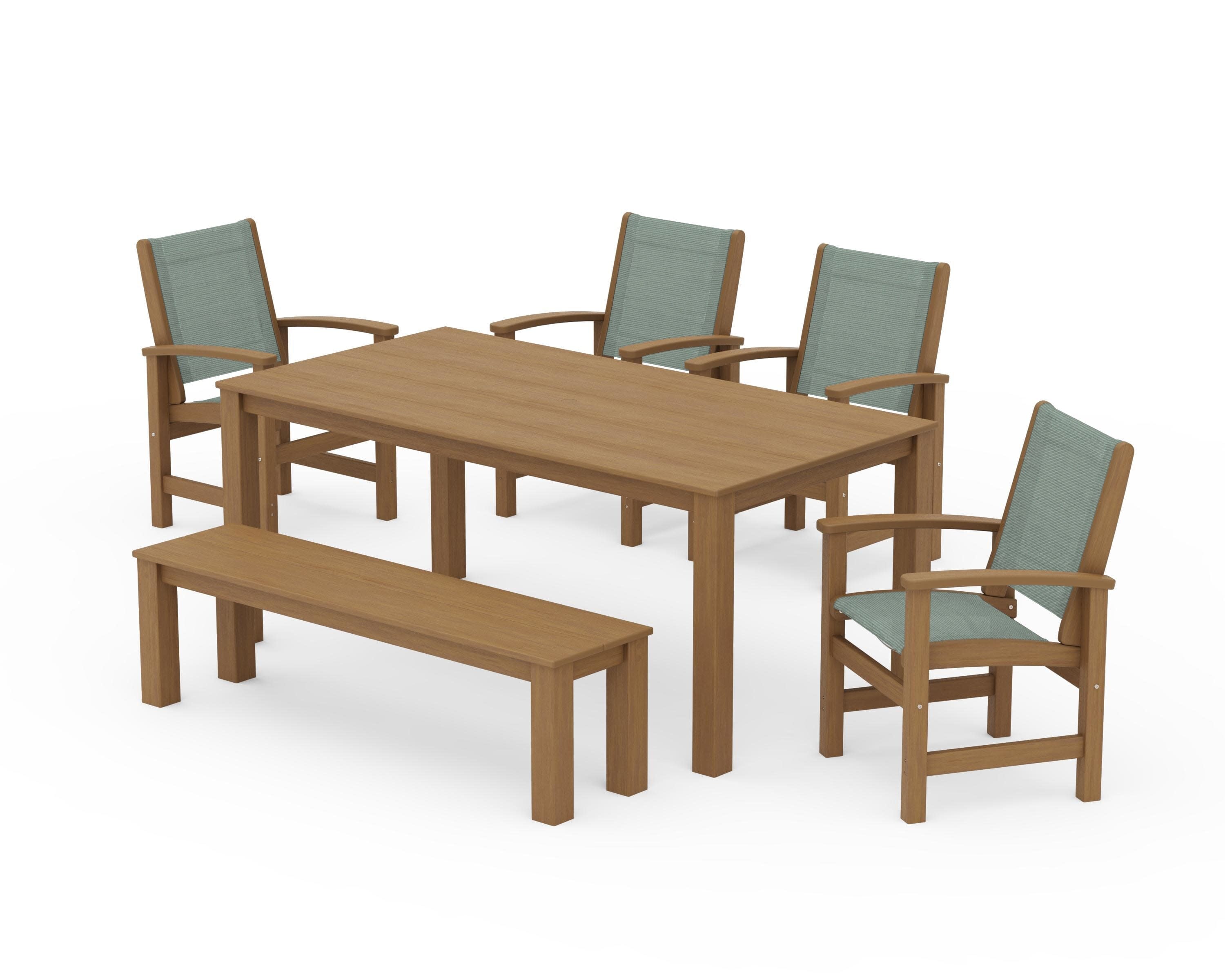 Coastal 6-Piece Parsons Dining Set with Bench in Natural / Dupioni Sea Mist Sling