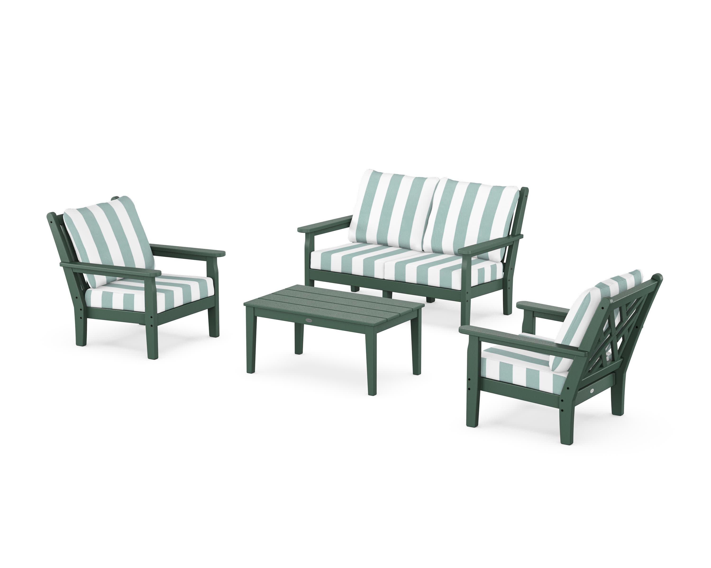 Chippendale 4-Piece Deep Seating Set with Loveseat in Green / Cabana Stripe Glacier Spa