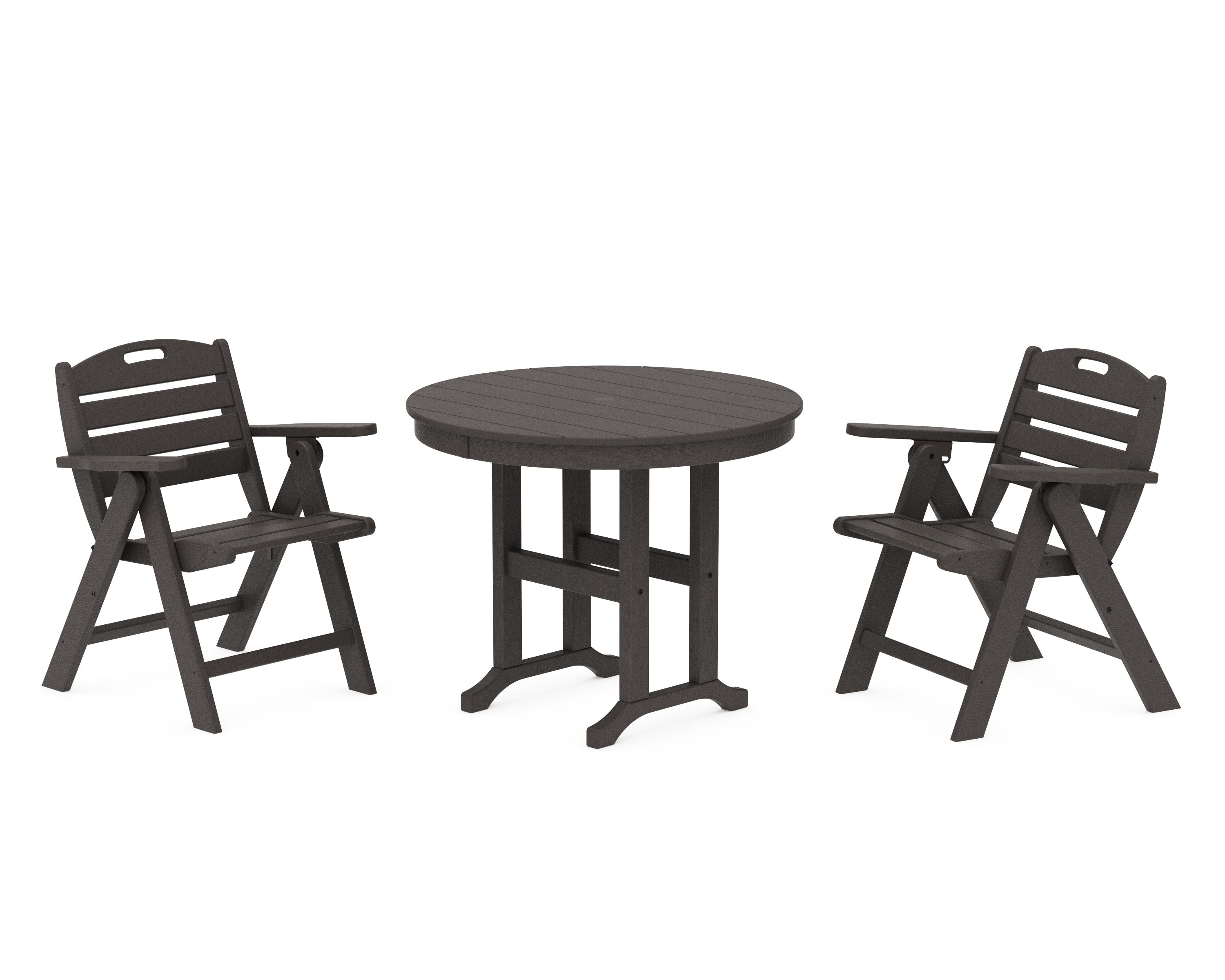 Nautical Folding Lowback Chair 3-Piece Round Dining Set in Vintage Coffee