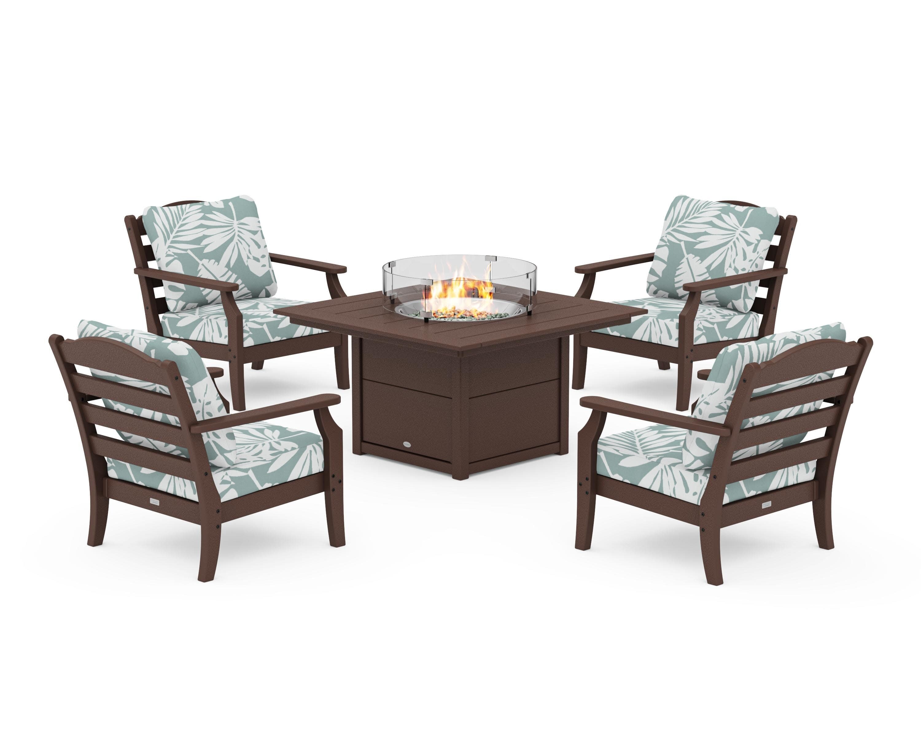 Savannah 5-Piece Deep Seating Set with Fire Pit Table in Mahogany / Leaf Glacier Spa