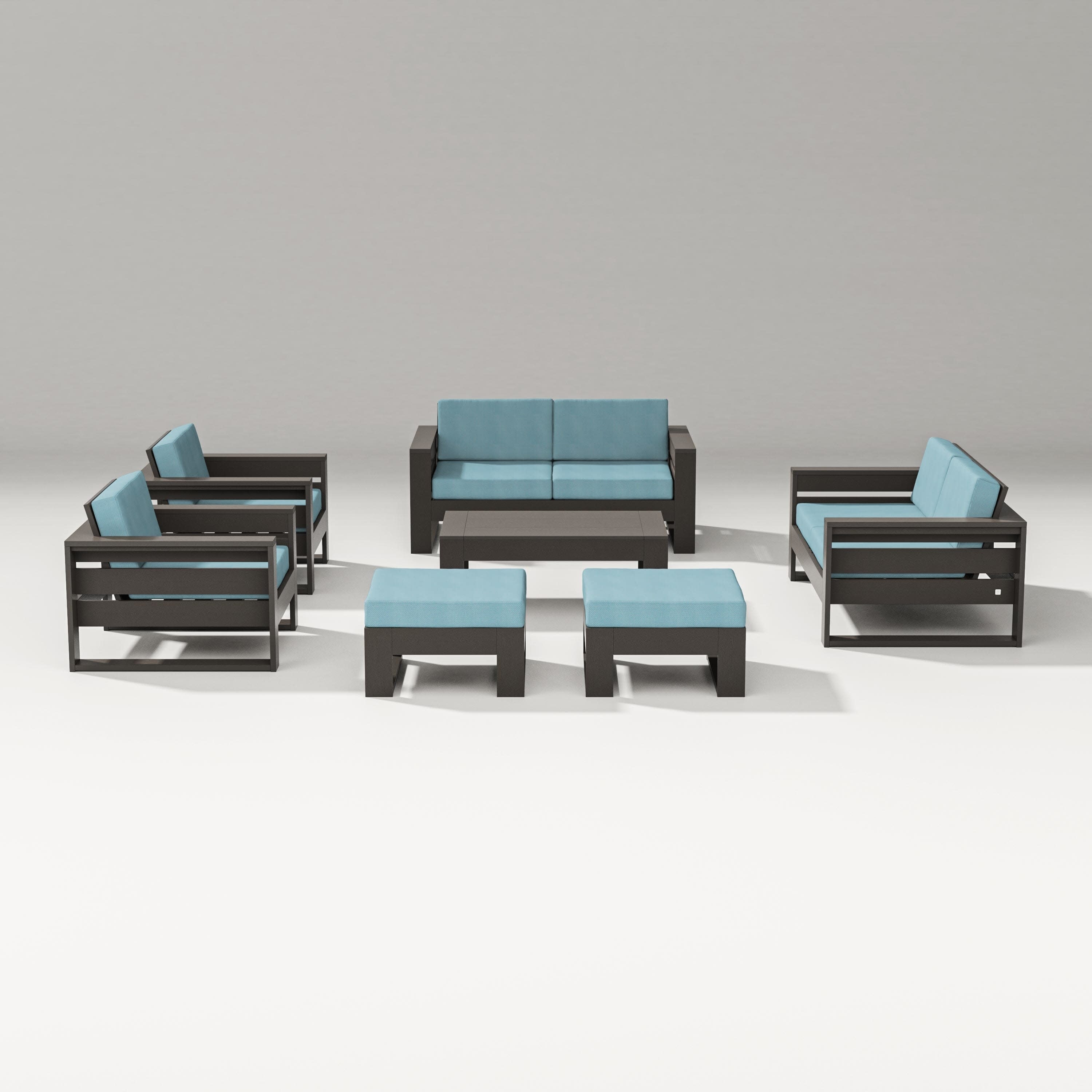 Latitude 7-Piece Lounge Loveseat Set in Vintage Coffee / Lattice Sky Blue
