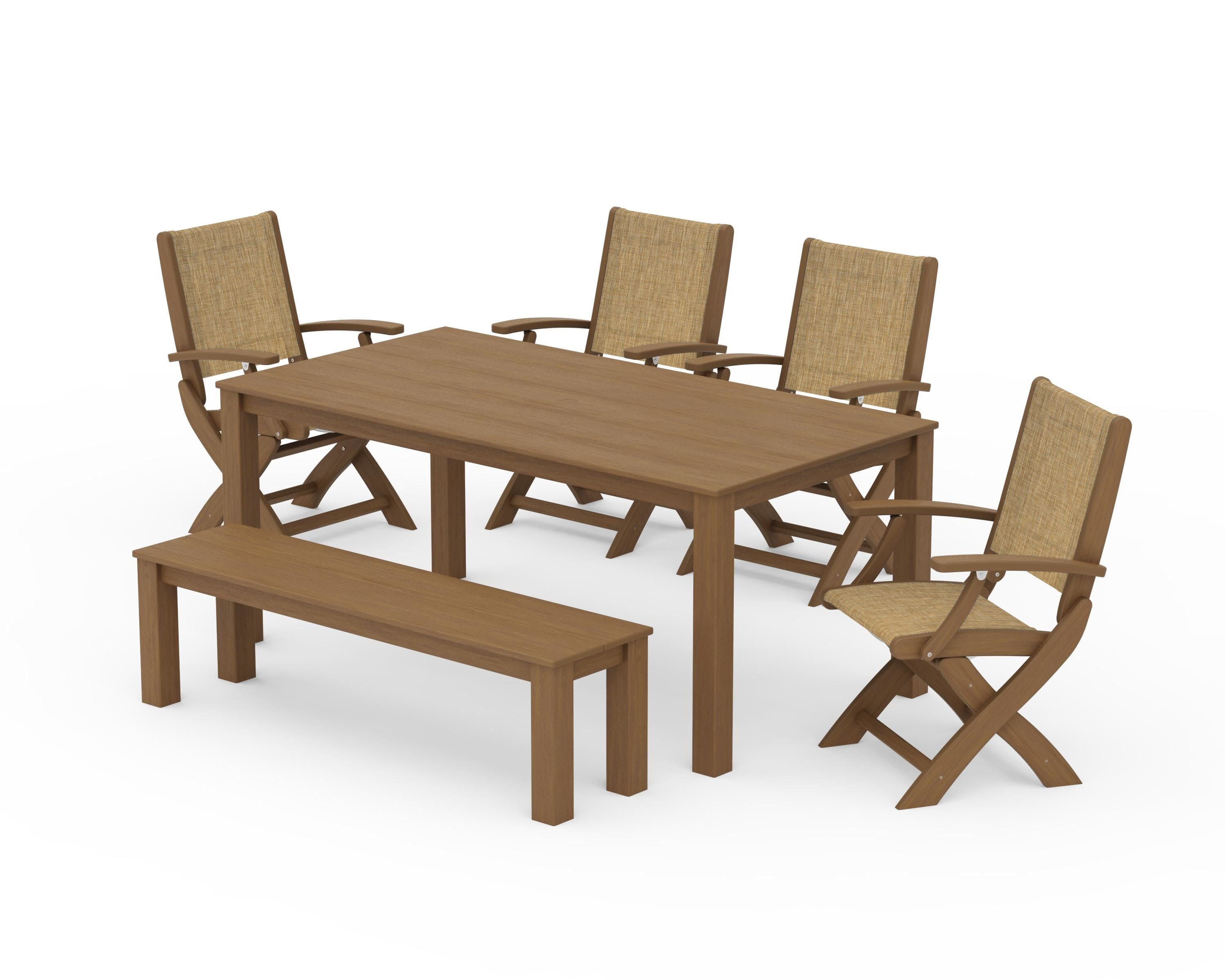 Coastal Folding Chair 6-Piece Parsons Dining Set with Bench in Natural / Burlap Sling