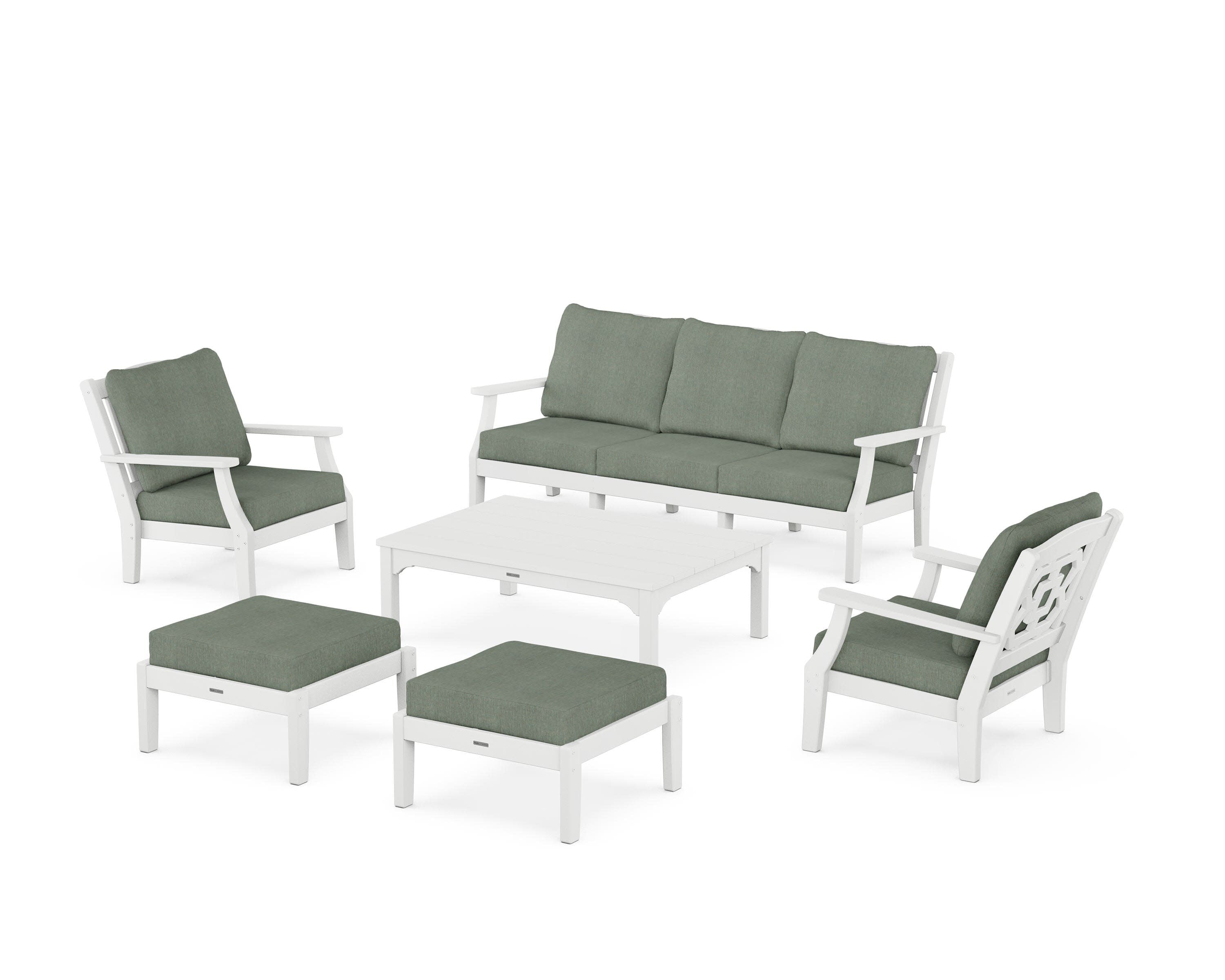 Chinoiserie 6-Piece Lounge Sofa Set in White / Cast Sage