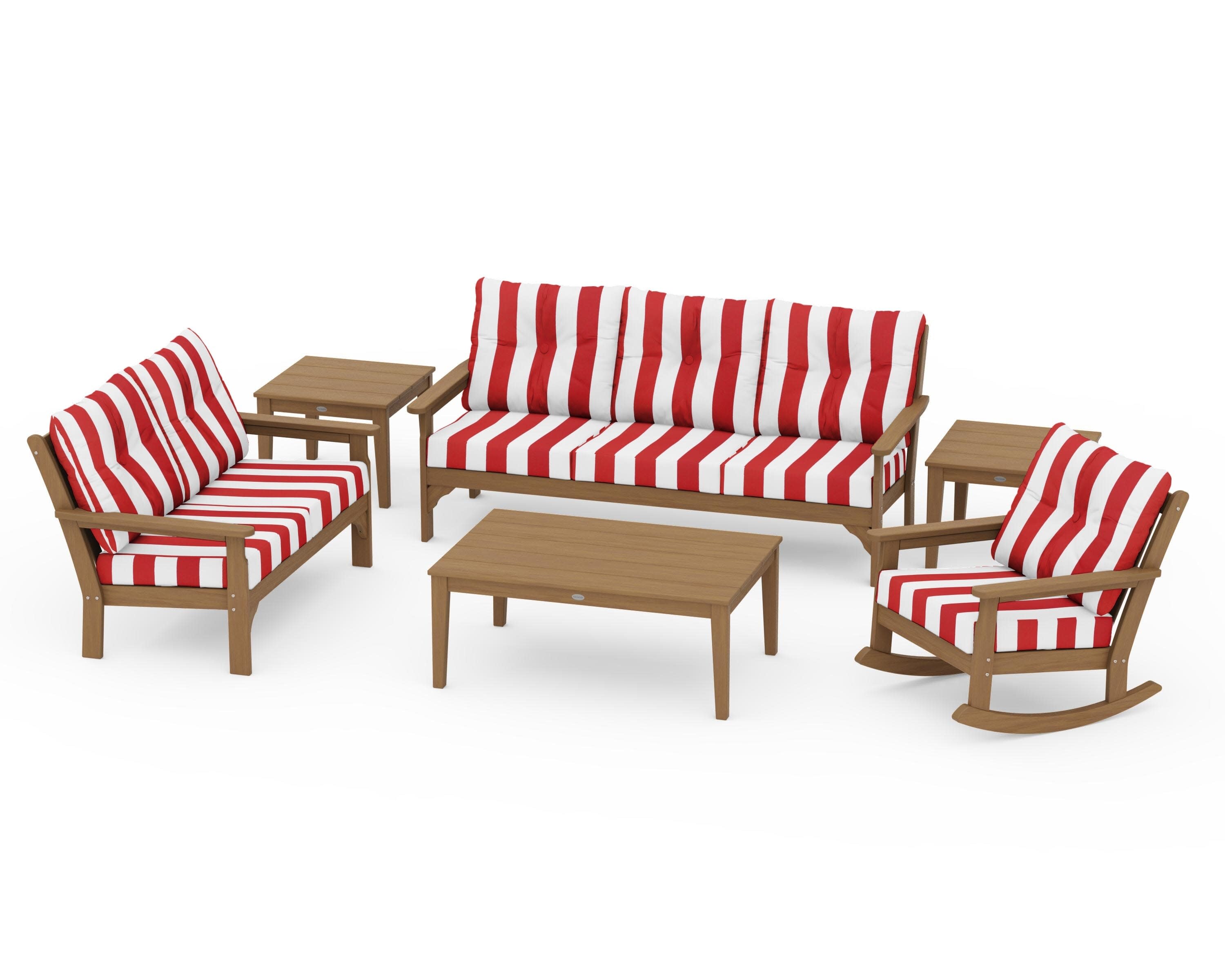Vineyard 6-Piece Deep Seating Set in Natural / Cabana Stripe Crimson