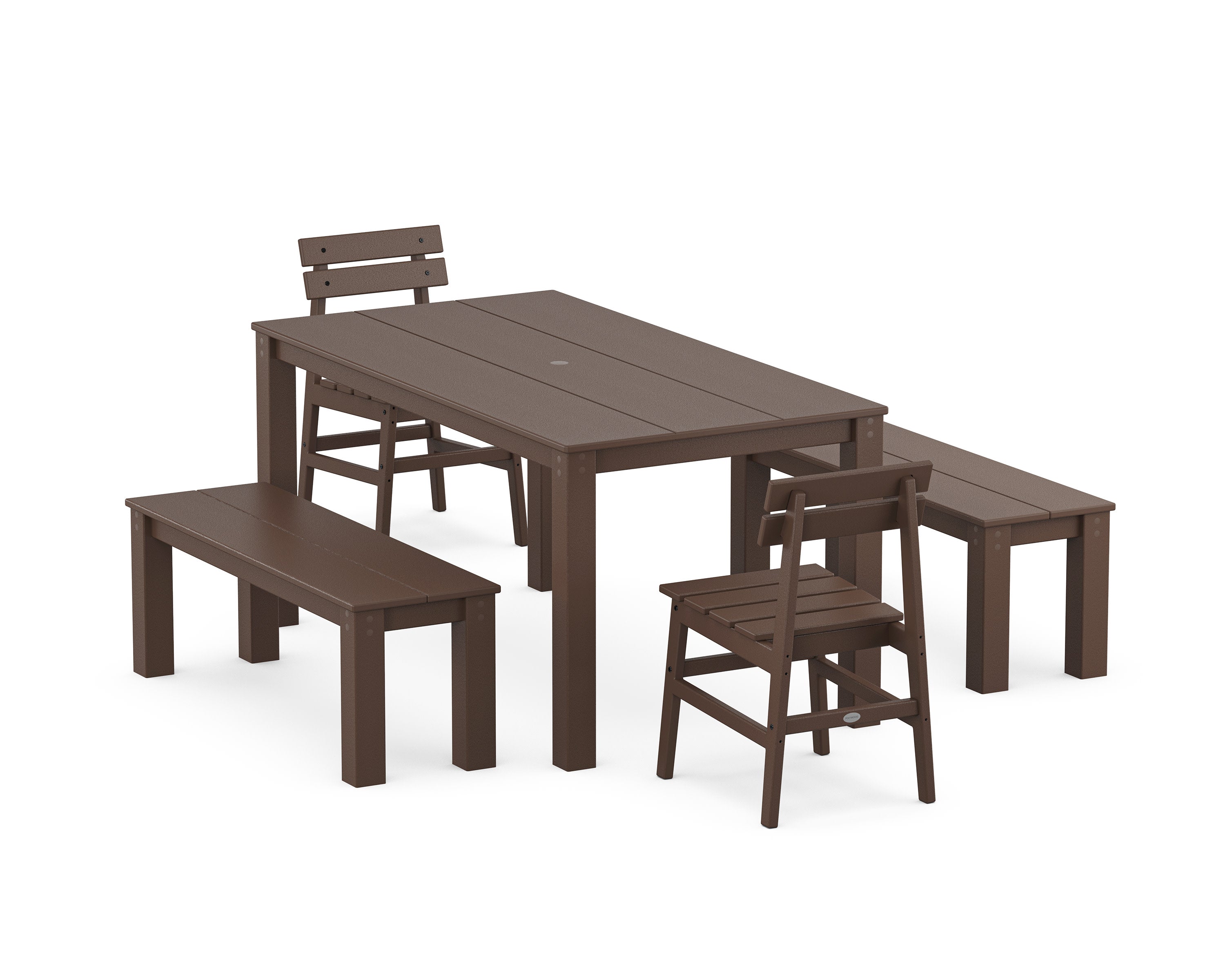 Modern Studio Plaza Chair 5-Piece Parsons Dining Set with Benches in Mahogany
