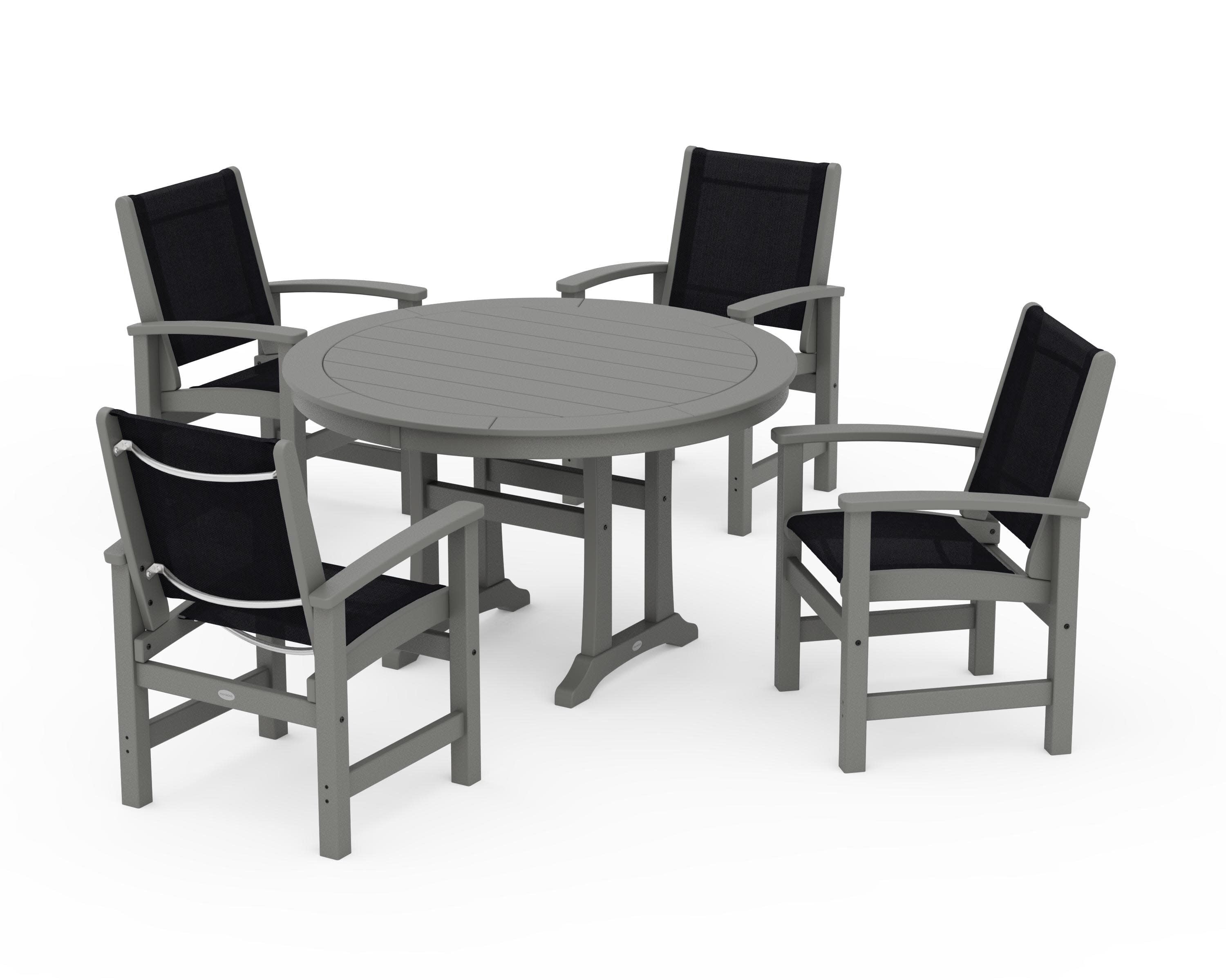 Coastal 5-Piece Round Dining Set with Trestle Legs in Slate Grey / Black Sling
