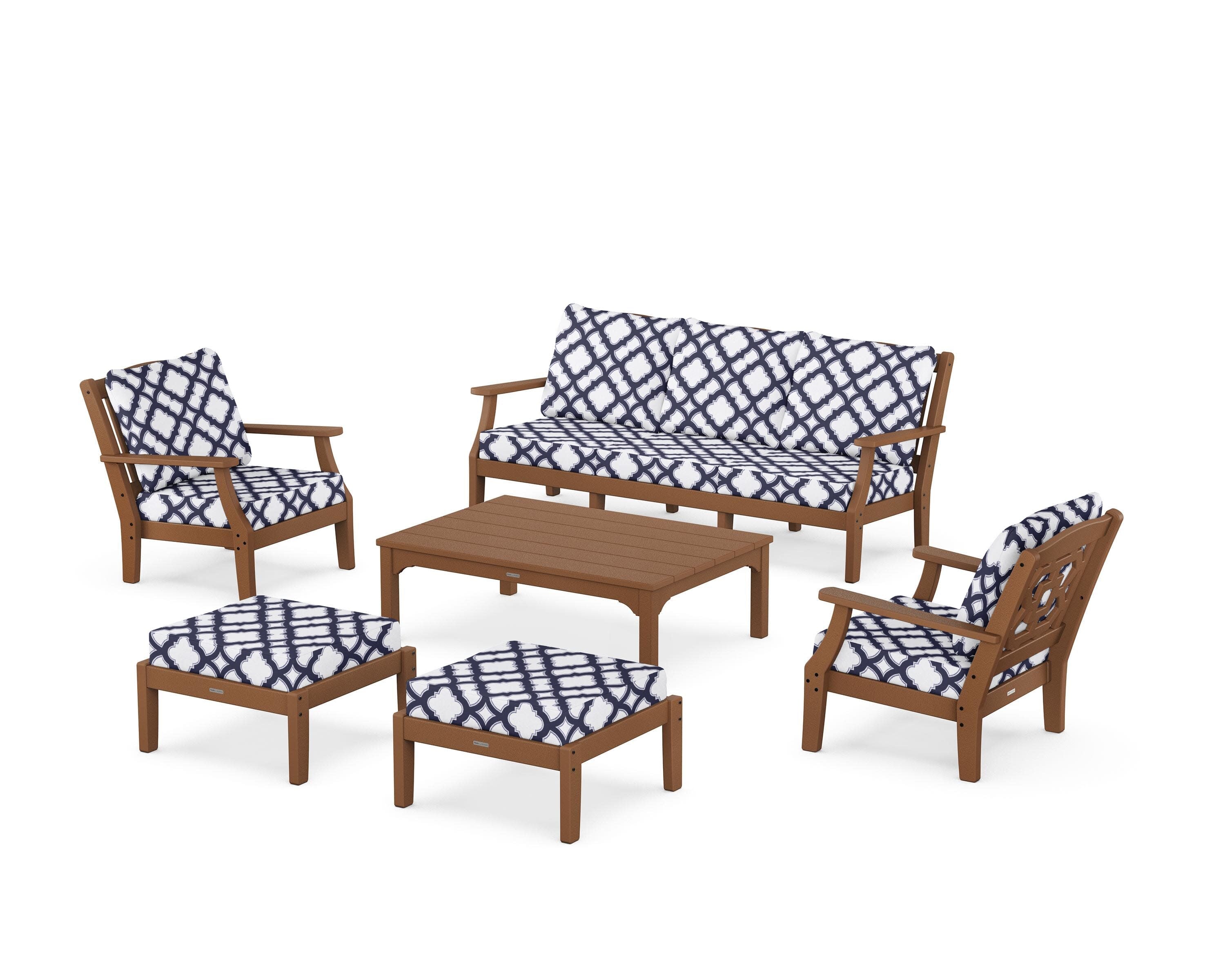 Chinoiserie 6-Piece Lounge Sofa Set in Teak / Trellis Navy