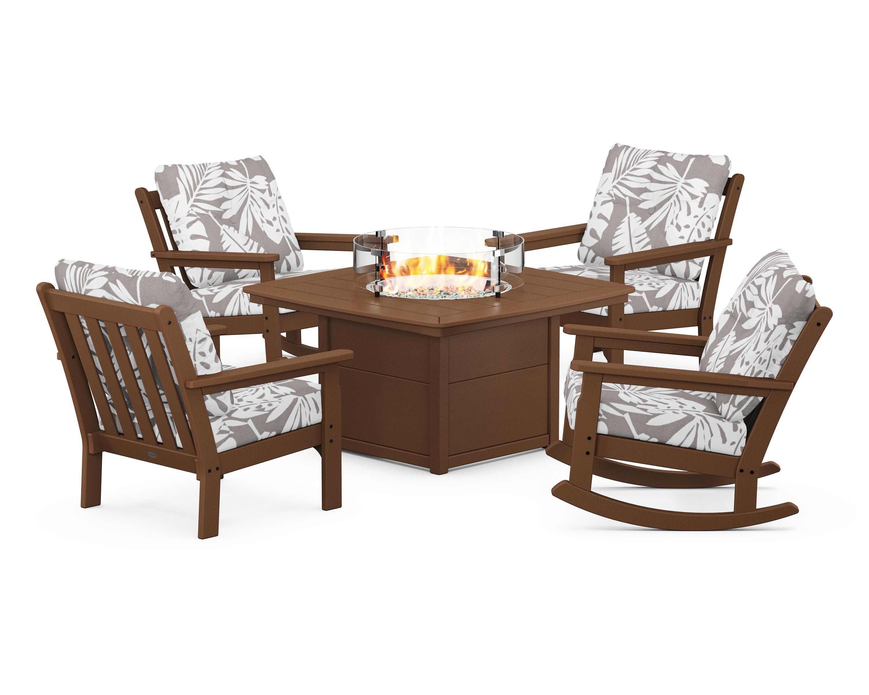 Vineyard 5-Piece Deep Seating Rocking Chair Conversation Set with Fire Pit Table in Teak / Leaf Grey Mist