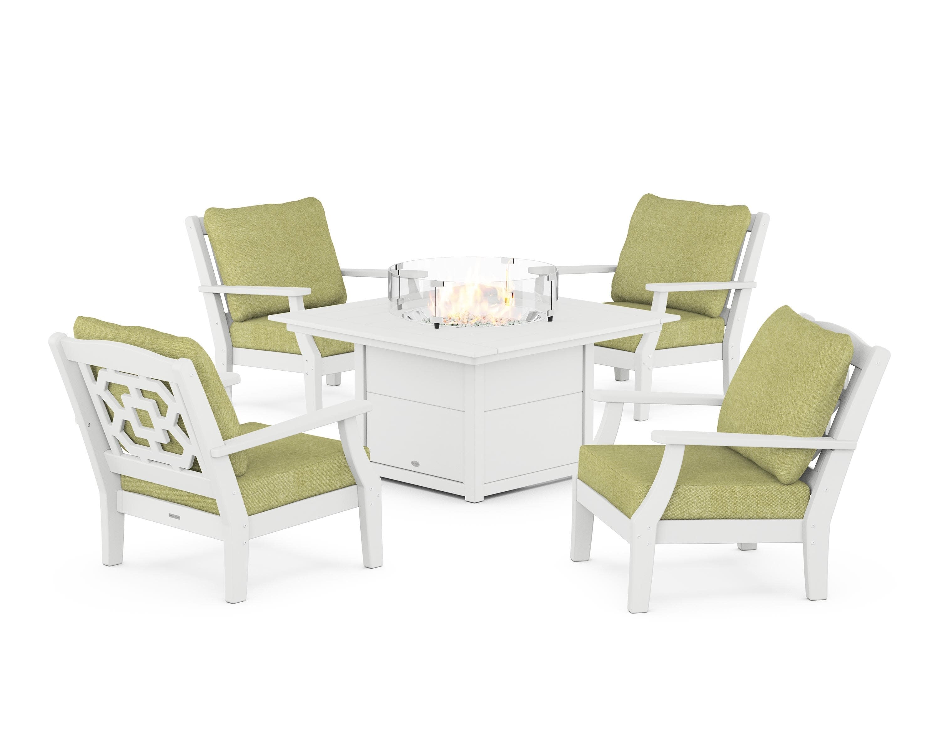 Chinoiserie 5-Piece Deep Seating Set with Fire Pit Table in White / Chartreuse Boucle