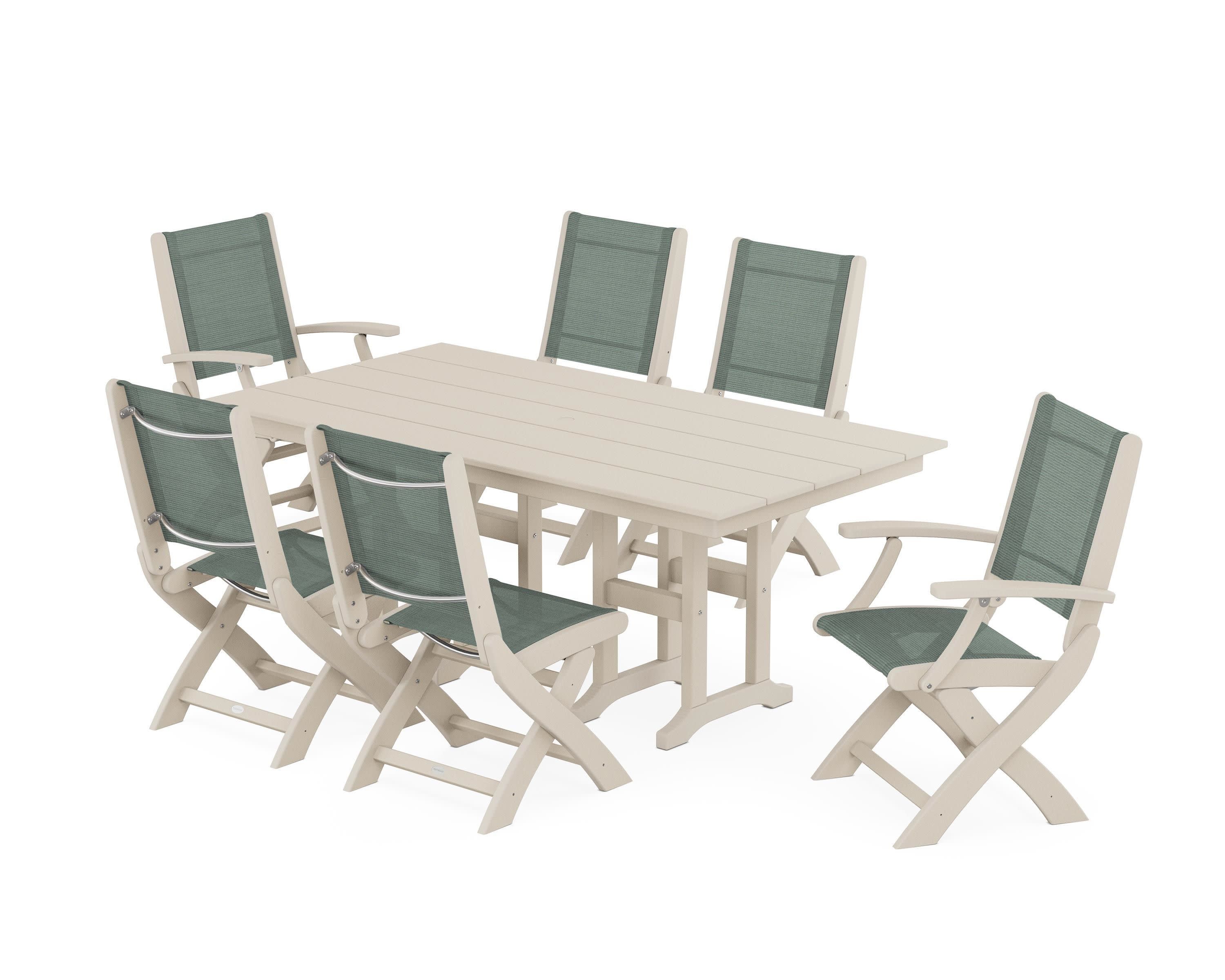 Coastal Folding Chair 7-Piece Farmhouse Dining Set in Sand / Dupioni Sea Mist Sling
