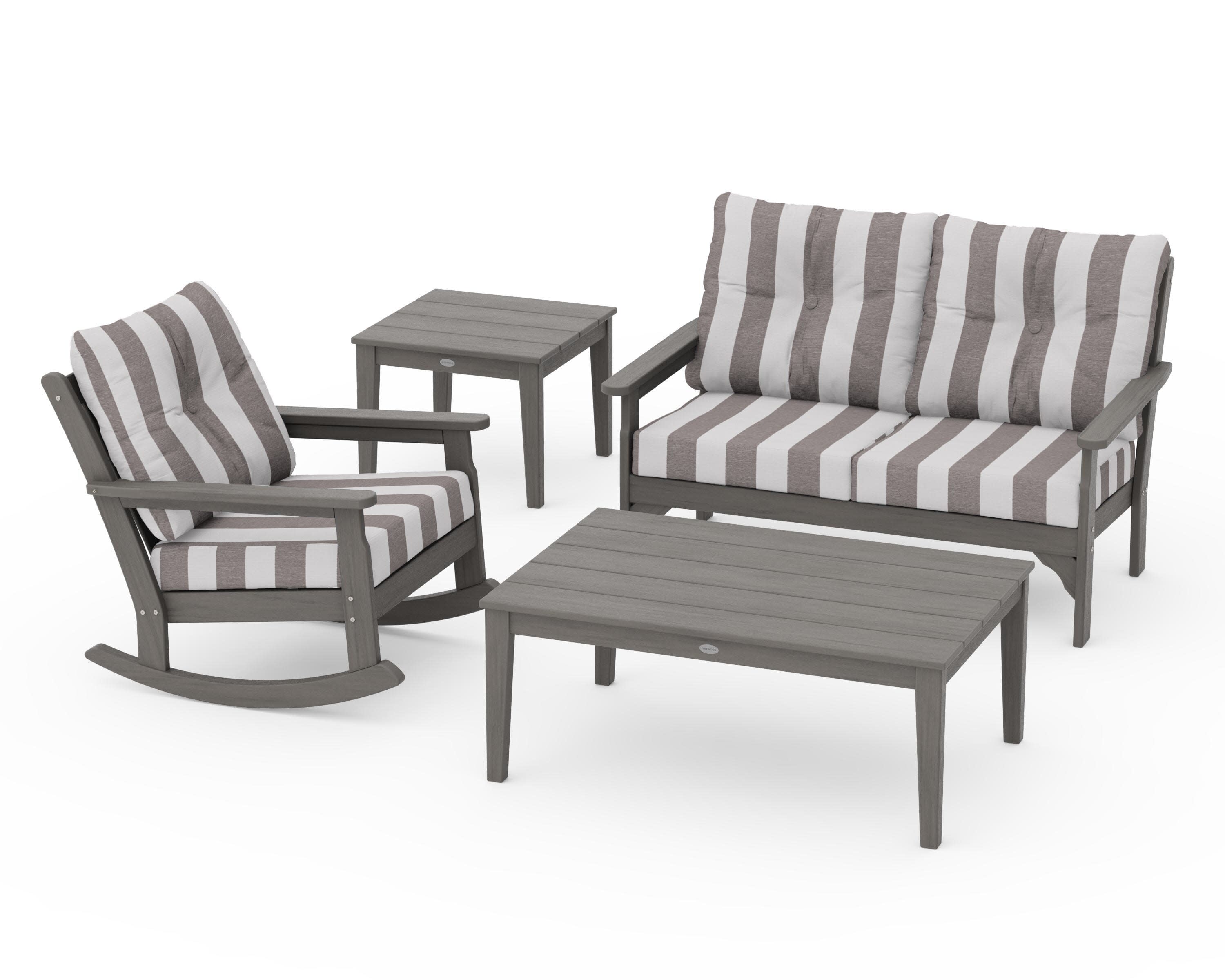 Vineyard 4-Piece Deep Seating Rocker Set in Driftwood / Cabana Stripe Grey Mist