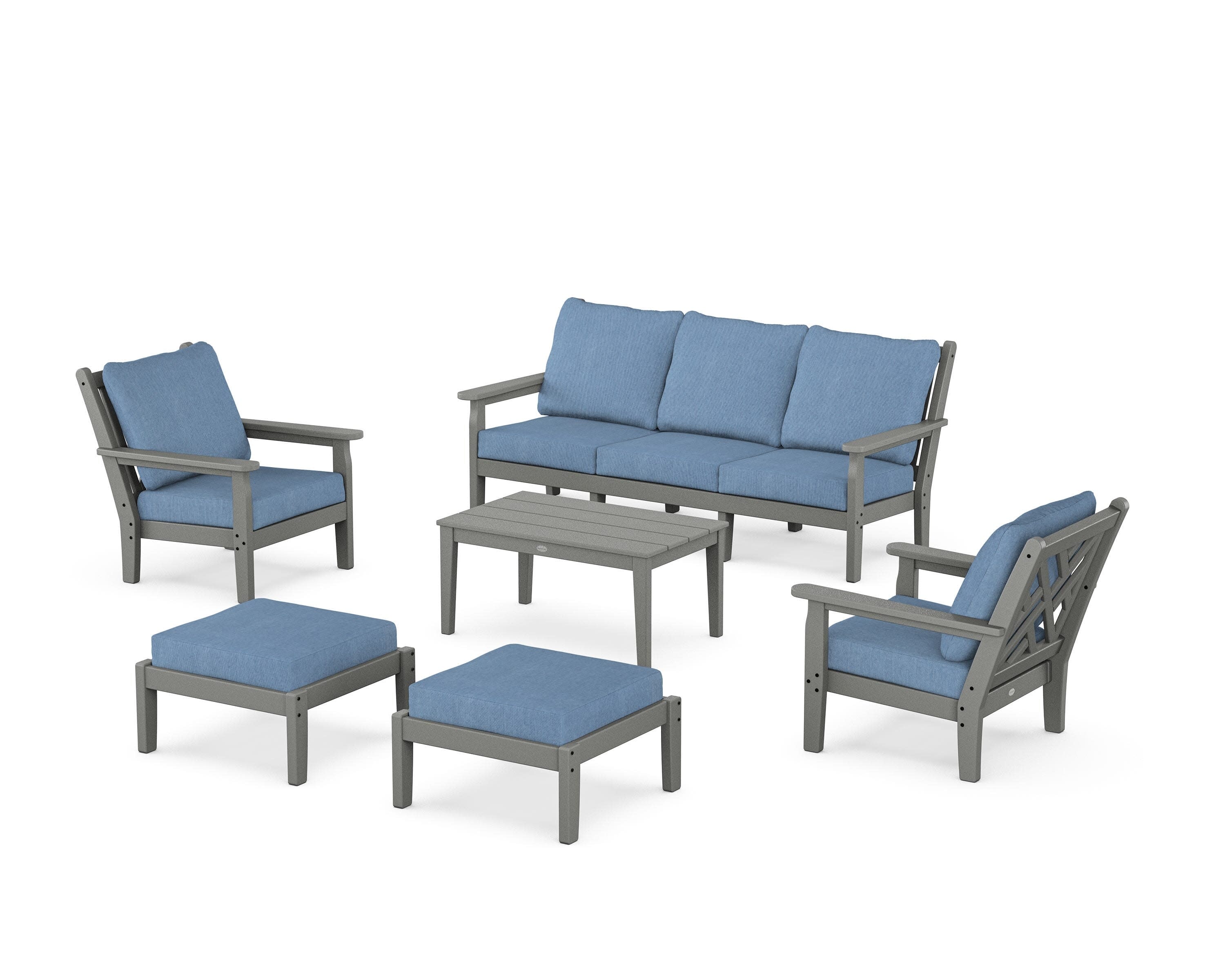 Chippendale 6-Piece Lounge Sofa Set in Slate Grey / Sky Blue