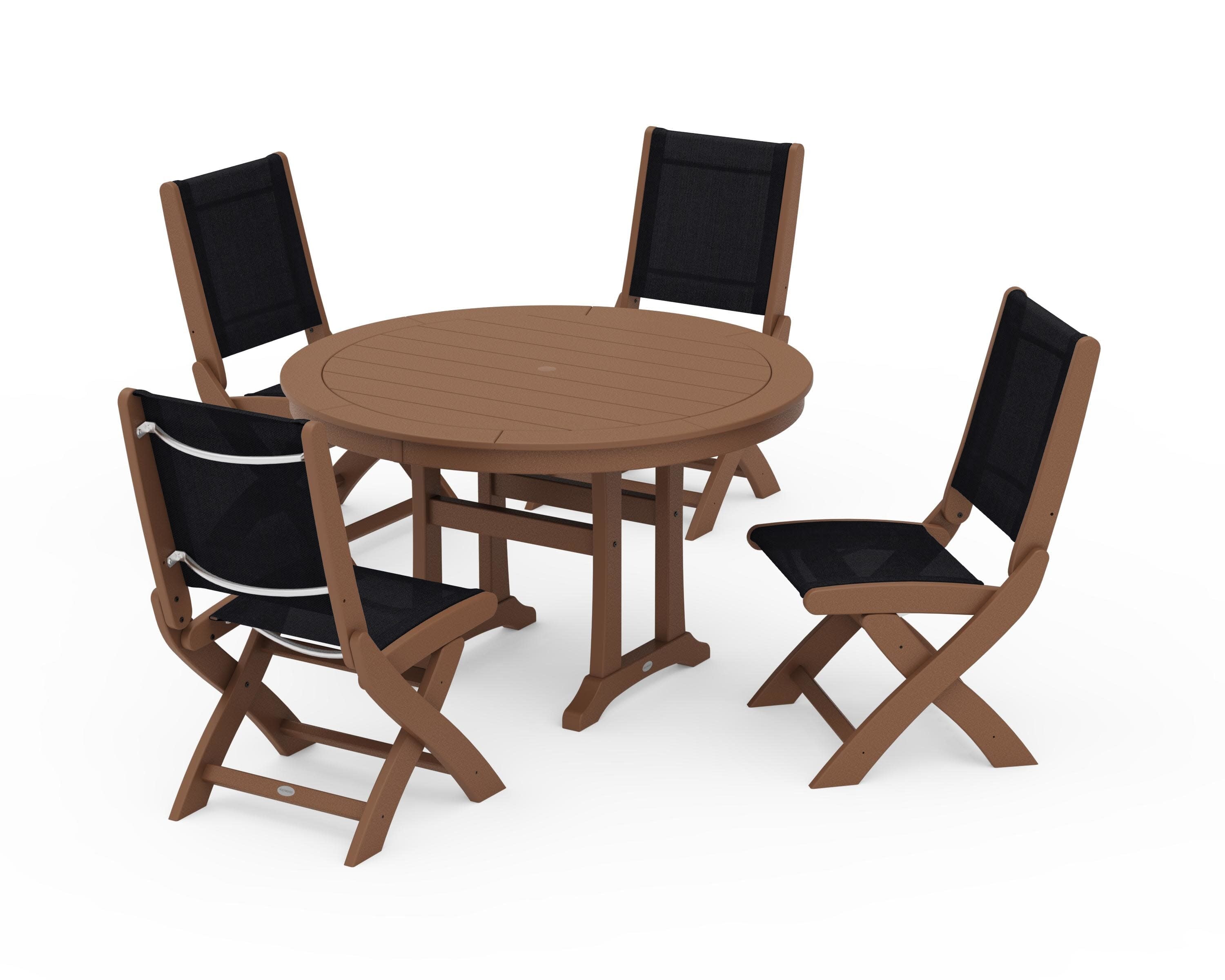 Coastal Folding Side Chair 5-Piece Round Dining Set With Trestle Legs in Teak / Black Sling