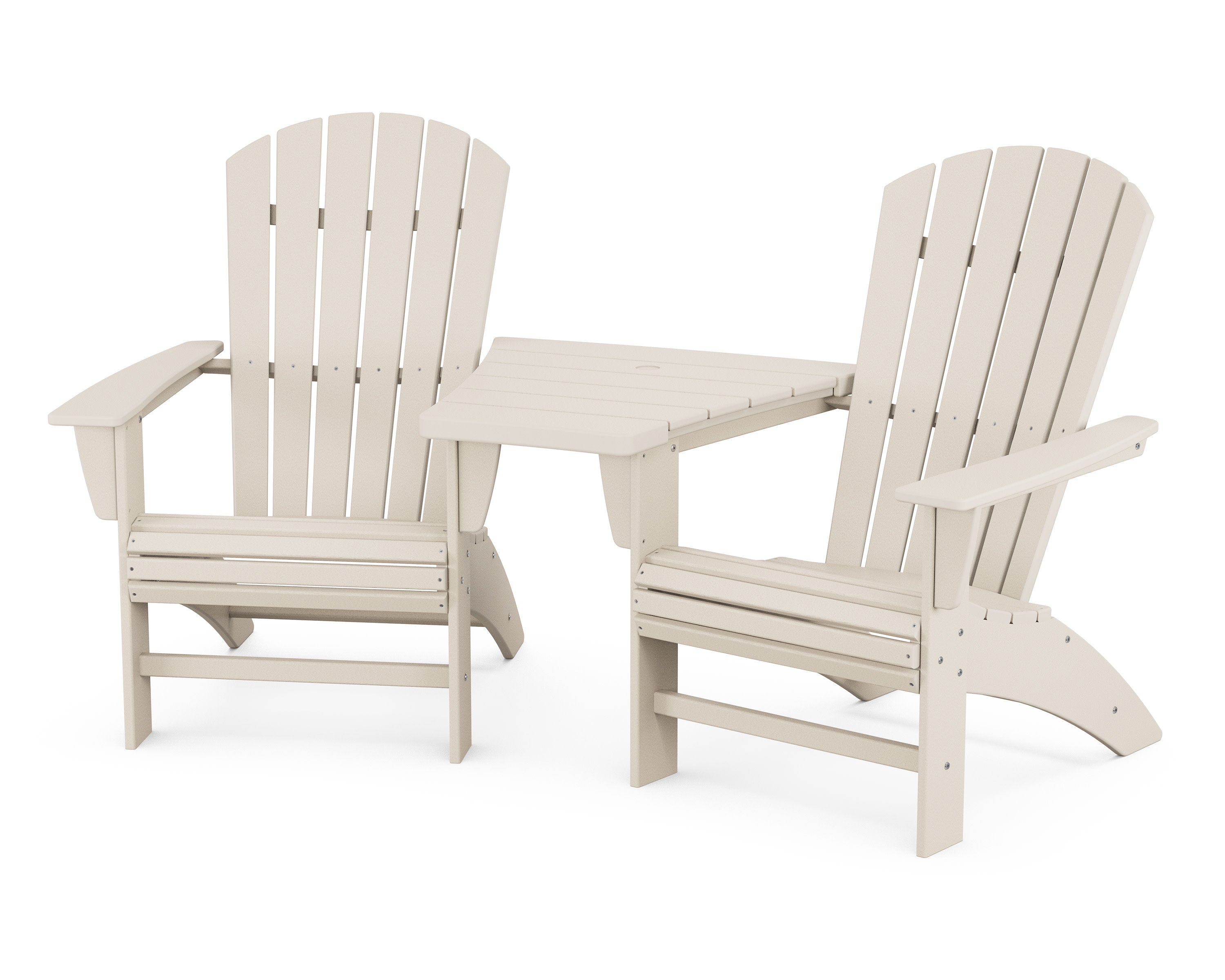 Nautical 3-Piece Curveback Adirondack Set with Angled Connecting Table in Sand