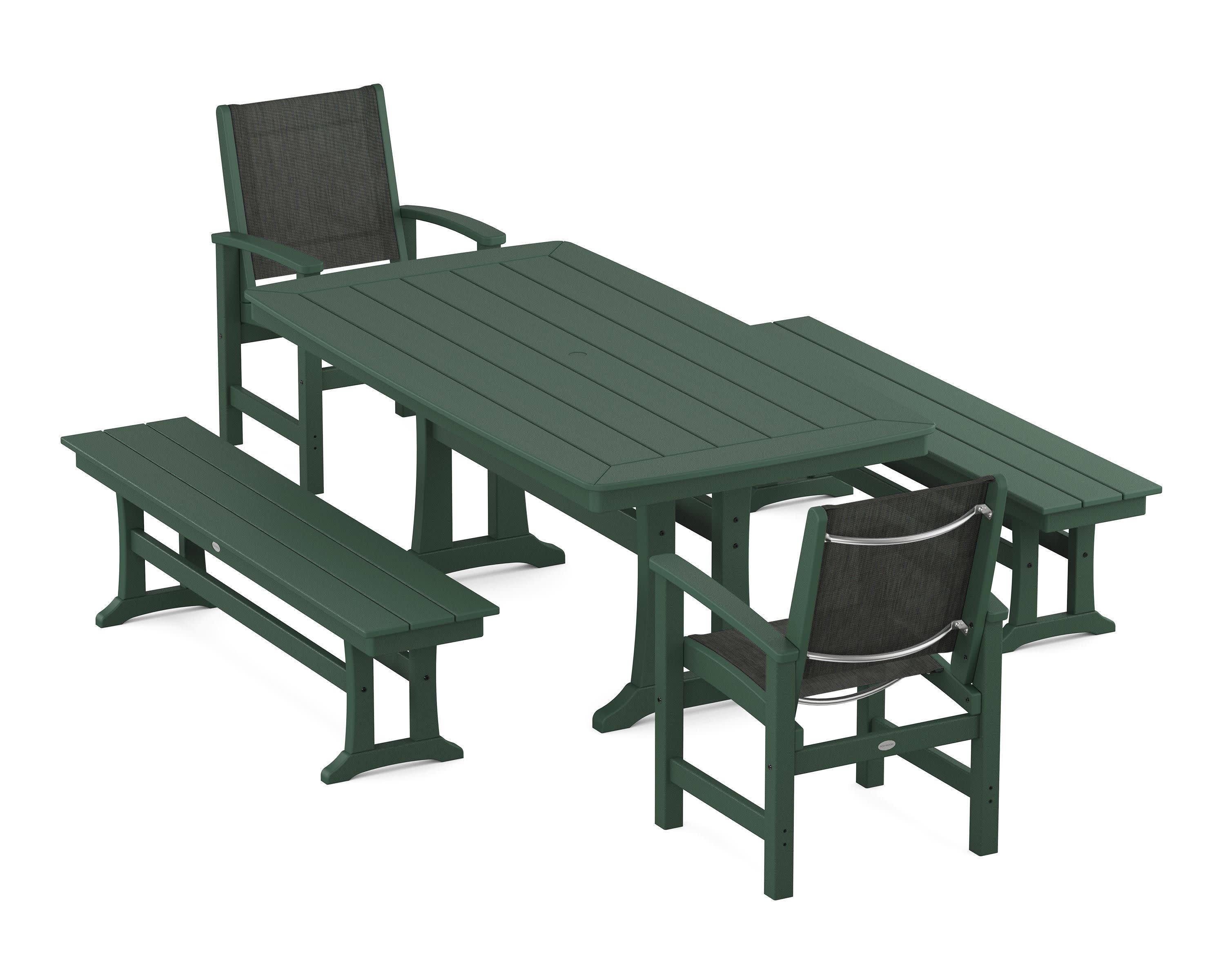 Coastal 5-Piece Dining Set with Trestle Legs and Benches in Green / Ember Sling