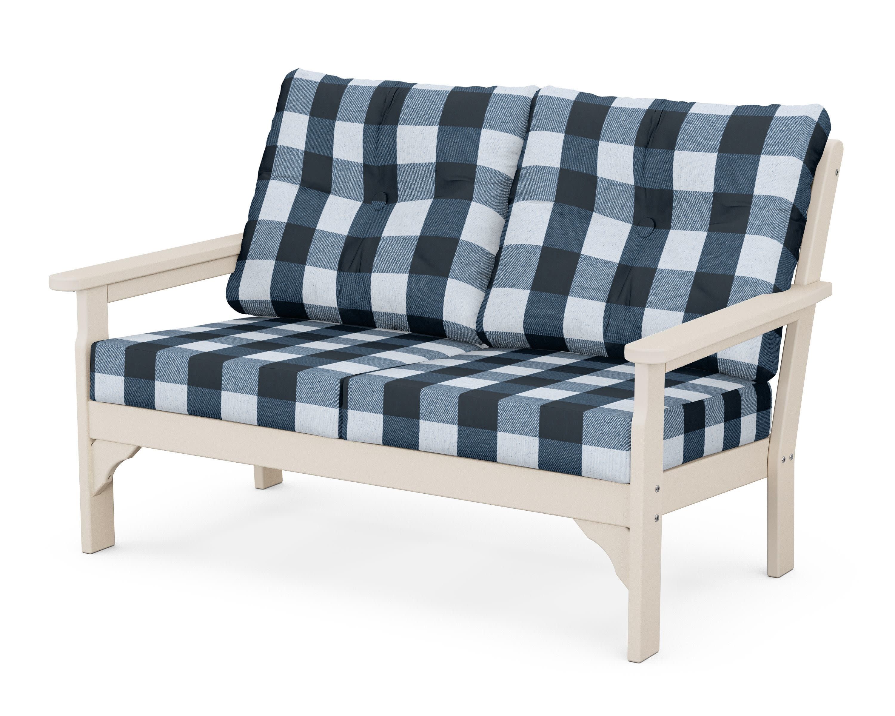Vineyard Deep Seating Loveseat in Sand / Buffalo Plaid Marine Indigo