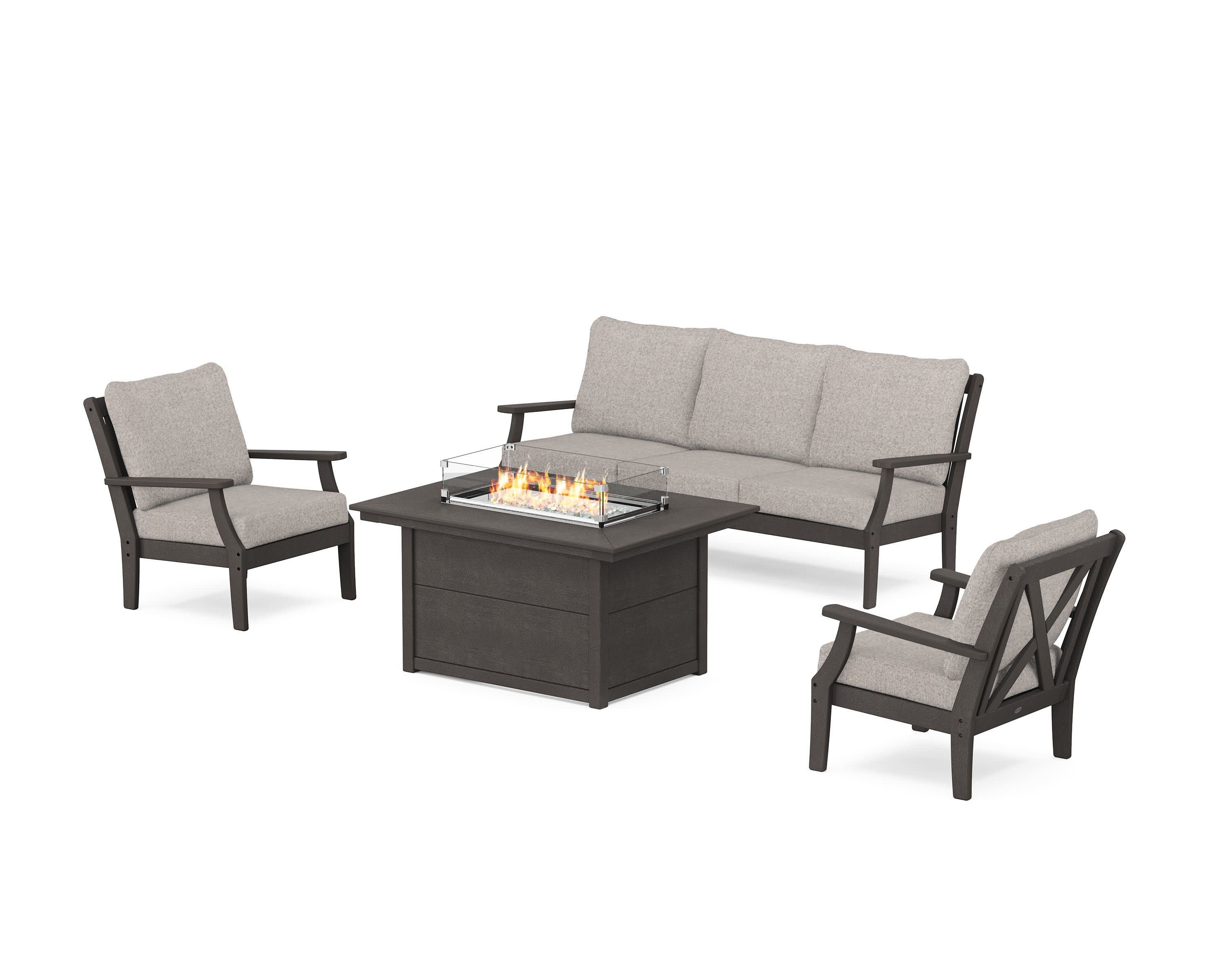 Braxton Deep Seating Fire Pit Table Set in Vintage Coffee / Weathered Tweed