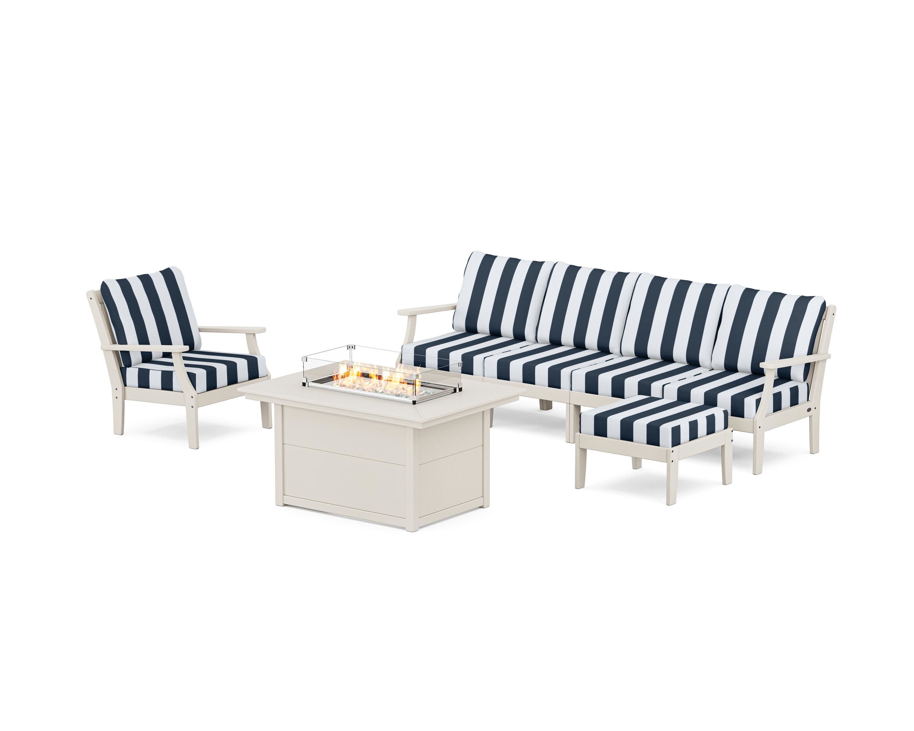 Braxton Sectional Lounge and Fire Pit Set in Sand / Cabana Stripe Marine Indigo